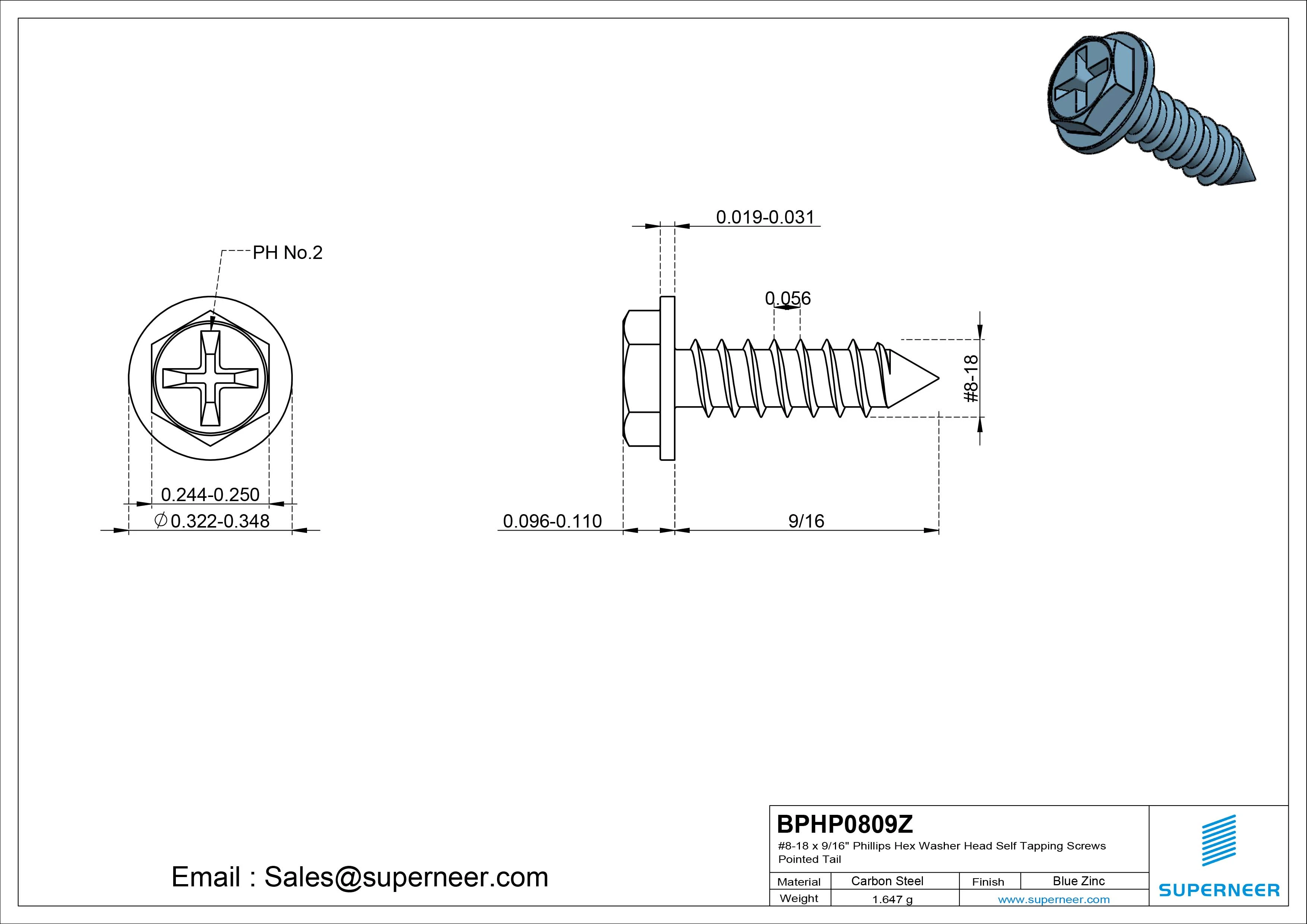 #8-18 x 9/16" Phillips Hex Washer Head Self Tapping Screws Pointed Tail SUS304 Stainless Steel