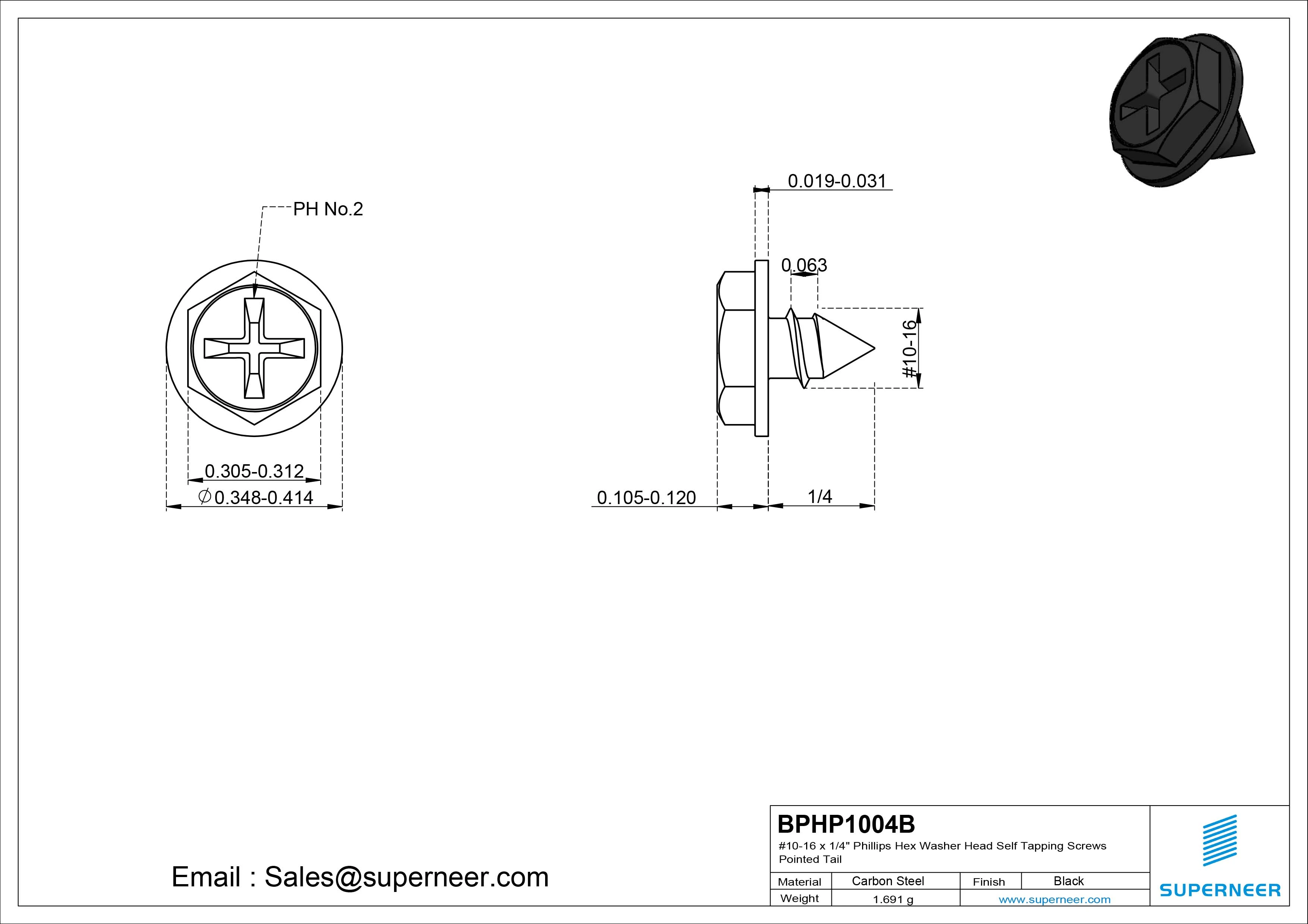 #10-16 x 1/4" Phillips Hex Washer Head Self Tapping Screws Pointed Tail SUS304 Stainless Steel