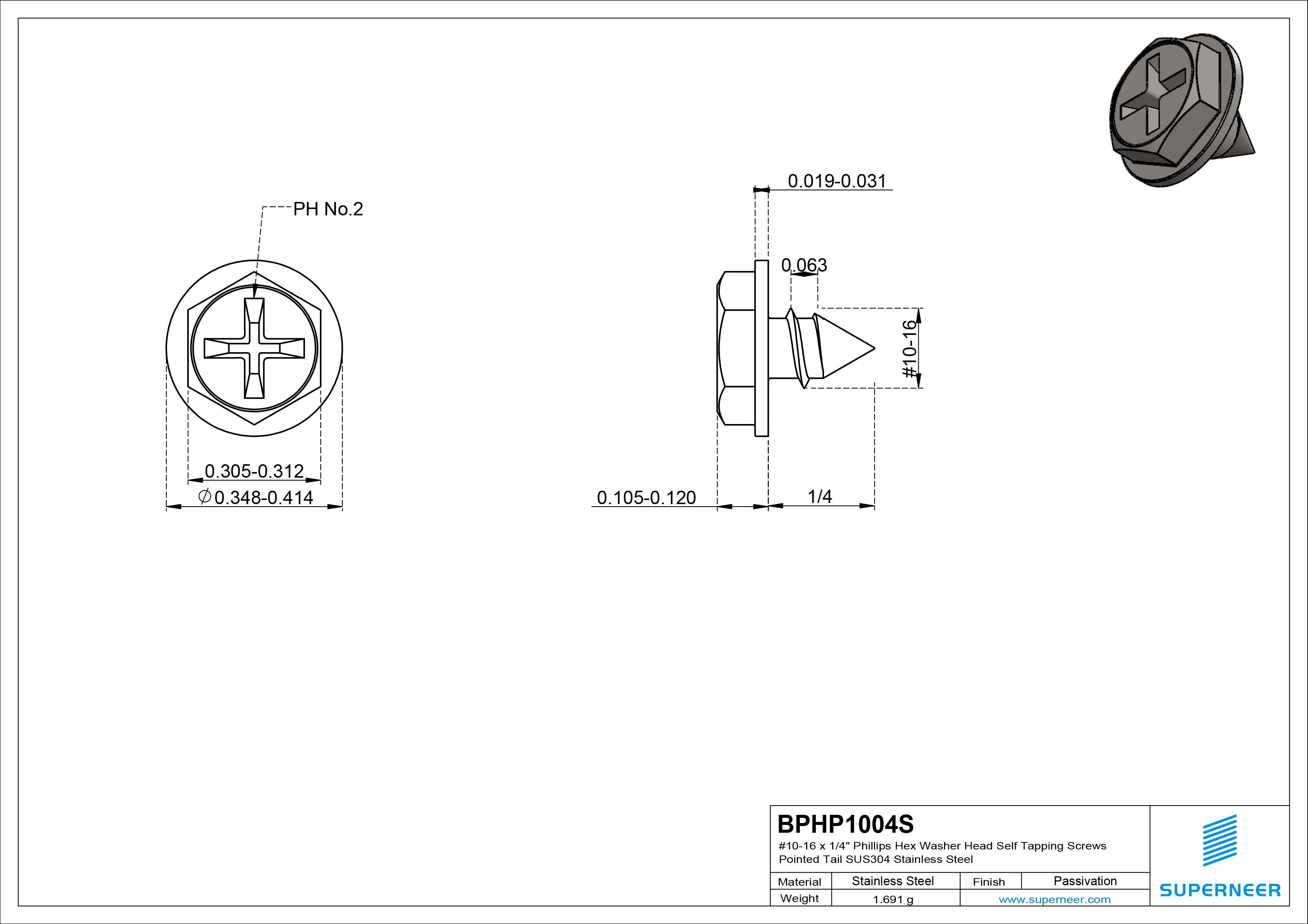 #10-16 x 1/4" Phillips Hex Washer Head Self Tapping Screws Pointed Tail SUS304 Stainless Steel