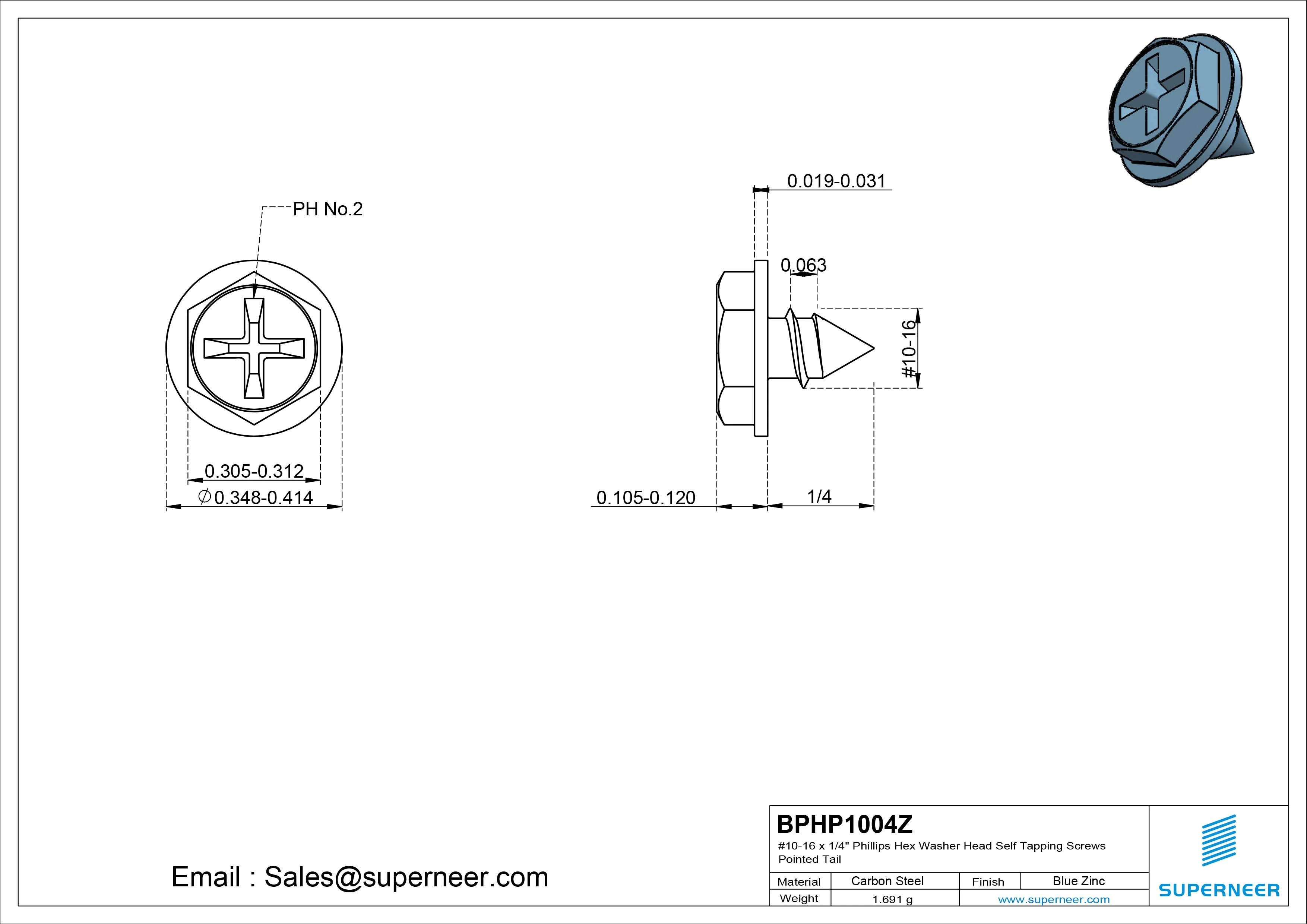 #10-16 x 1/4" Phillips Hex Washer Head Self Tapping Screws Pointed Tail SUS304 Stainless Steel
