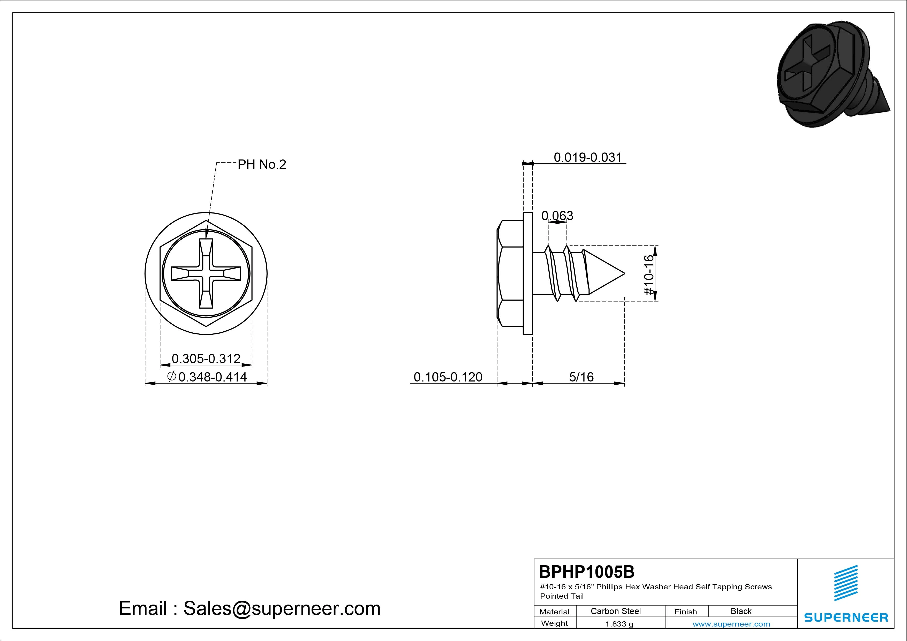 #10-16 x 5/16" Phillips Hex Washer Head Self Tapping Screws Pointed Tail SUS304 Stainless Steel