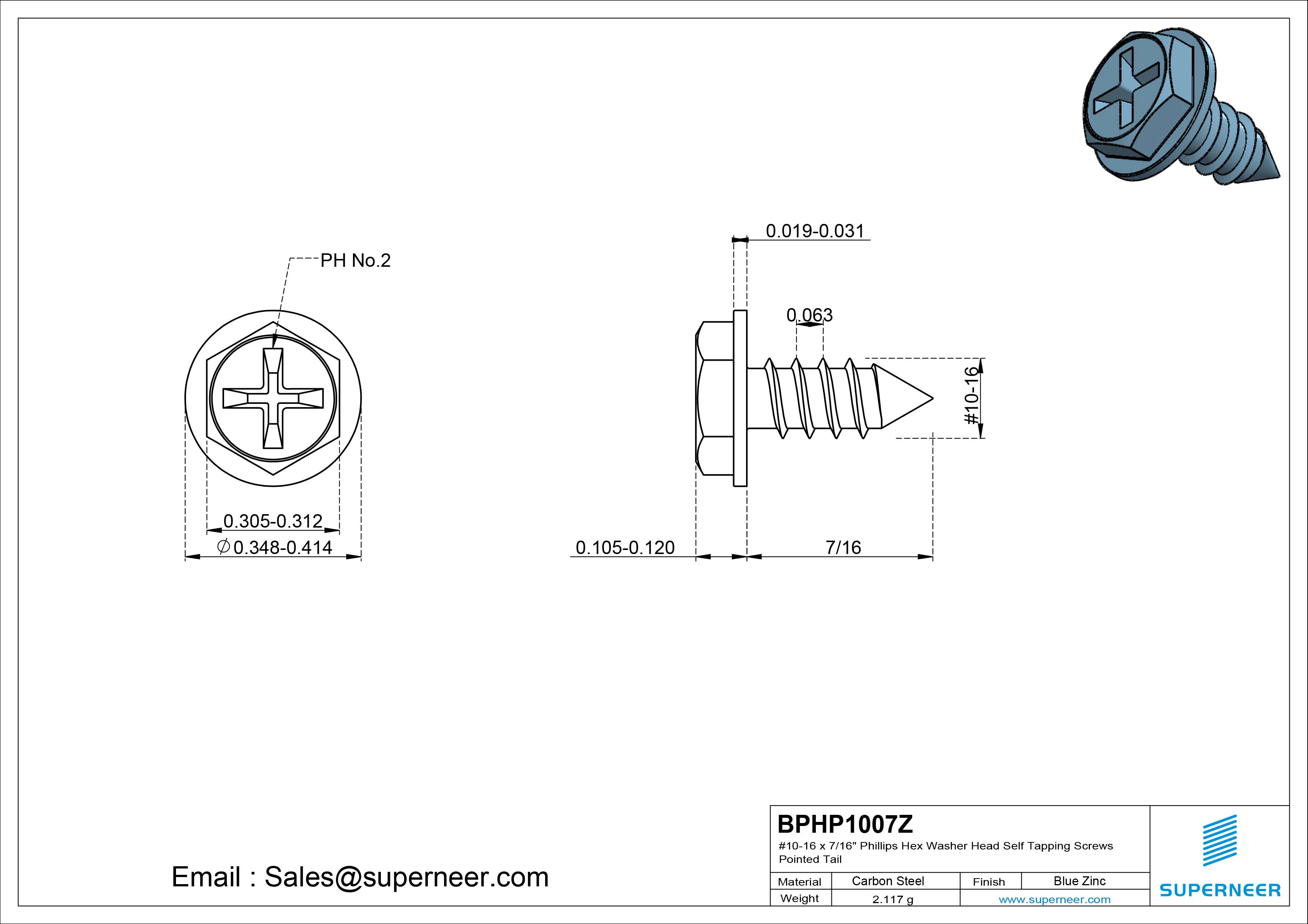 #10-16 x 7/16&ldquo; Phillips Hex Washer Head Self Tapping Screws Pointed Tail SUS304 Stainless Steel