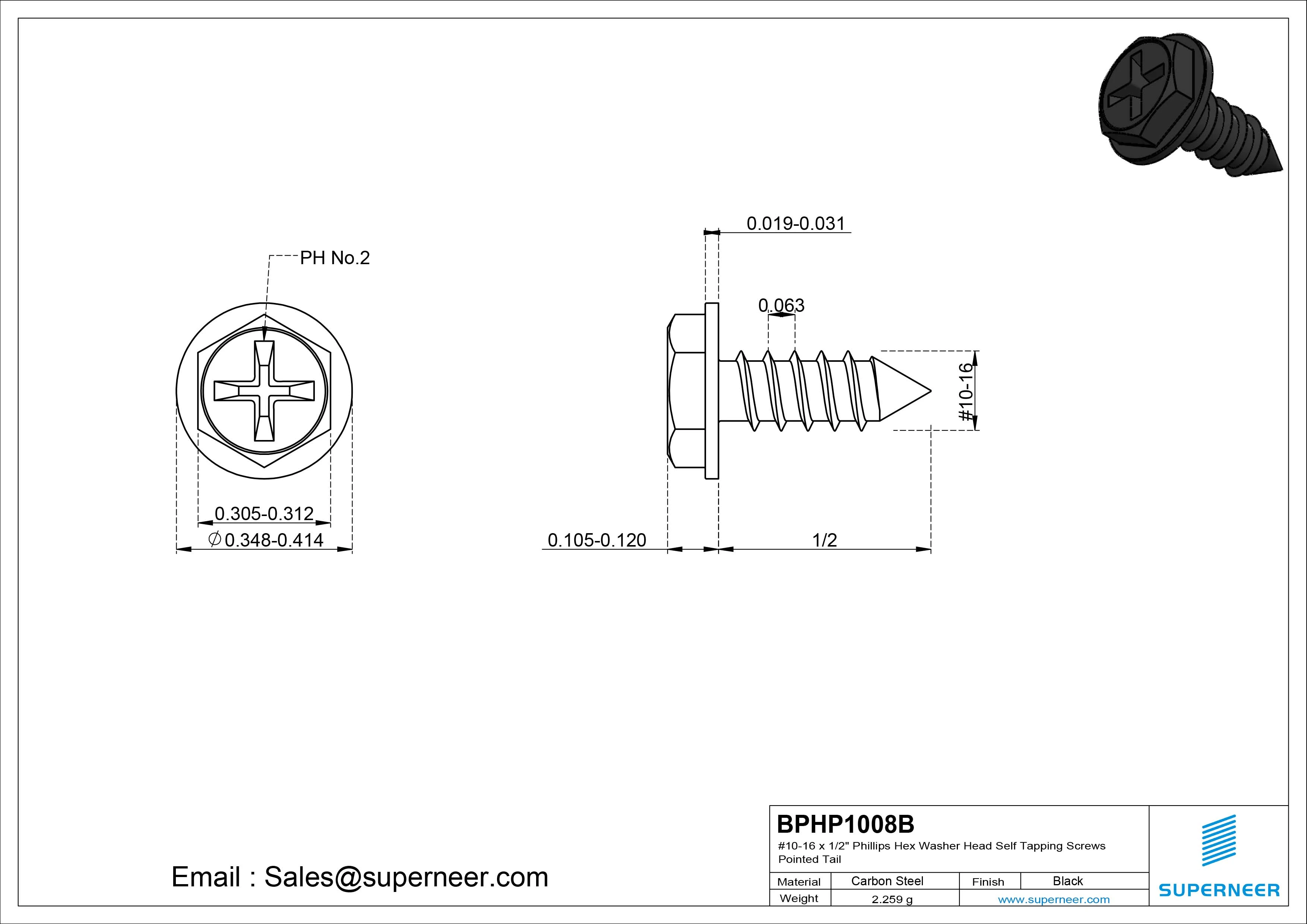 #10-16 x 1/2" Phillips Hex Washer Head Self Tapping Screws Pointed Tail SUS304 Stainless Steel