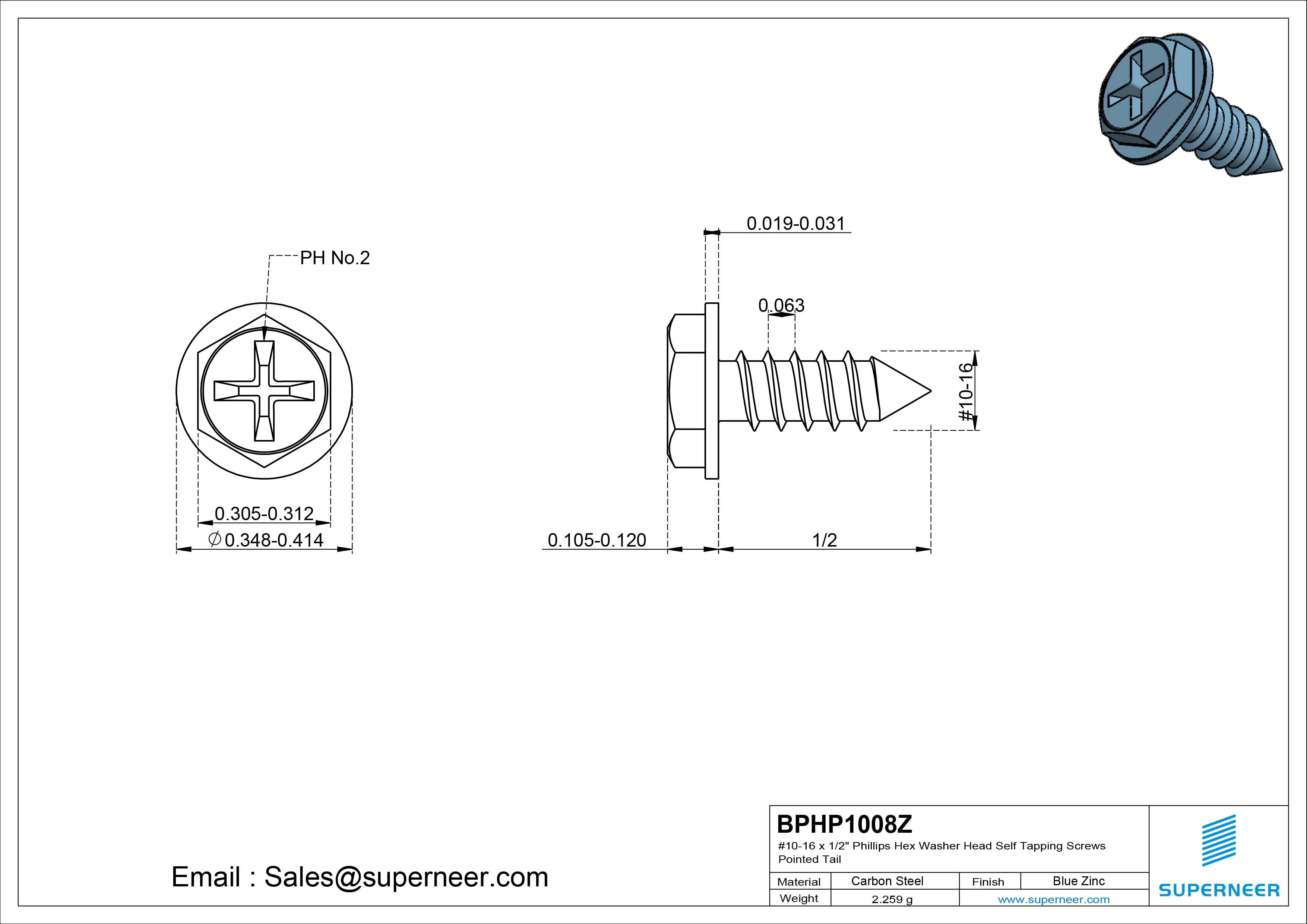 #10-16 x 1/2" Phillips Hex Washer Head Self Tapping Screws Pointed Tail SUS304 Stainless Steel