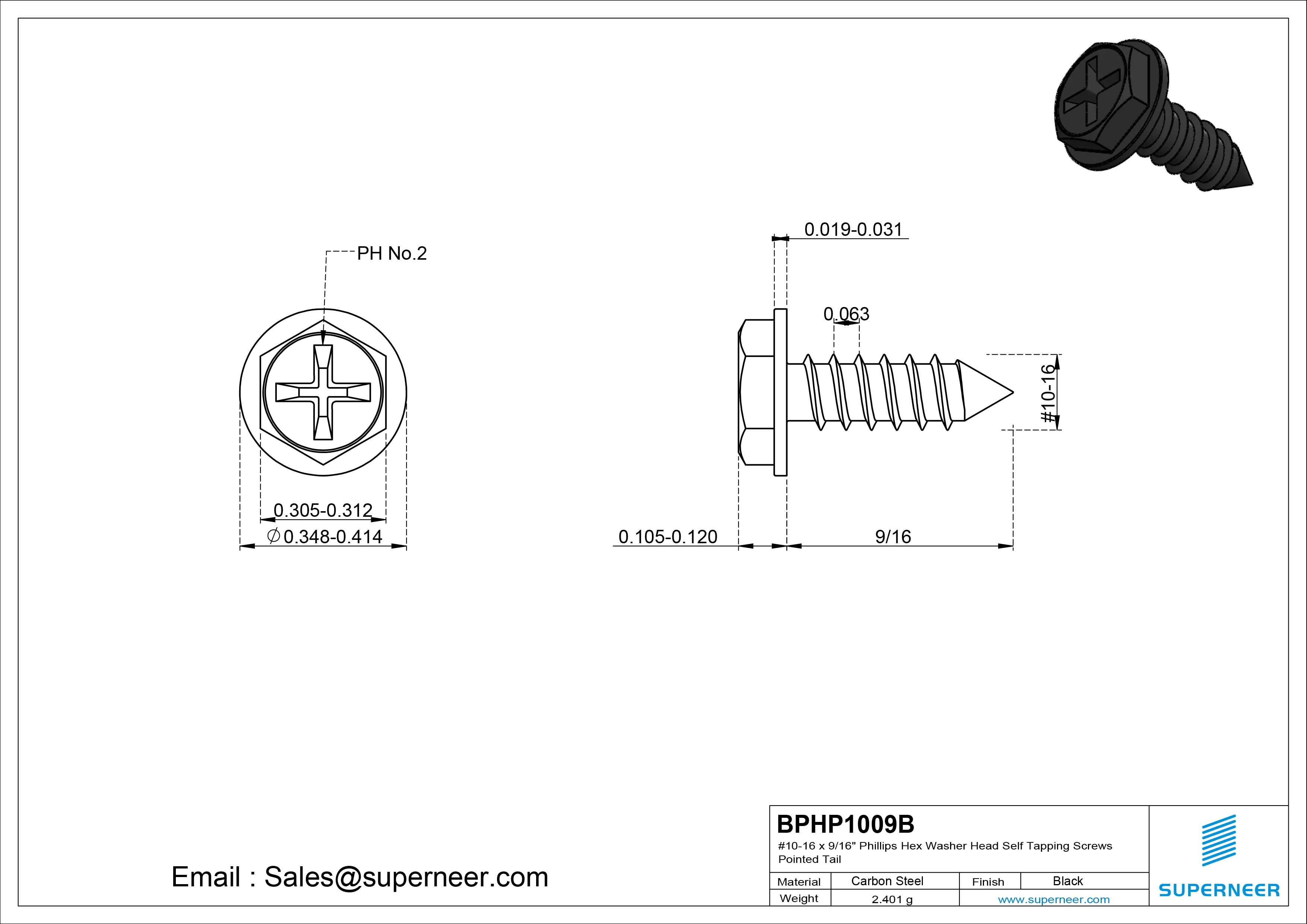 #10-16 x 9/16" Phillips Hex Washer Head Self Tapping Screws Pointed Tail SUS304 Stainless Steel
