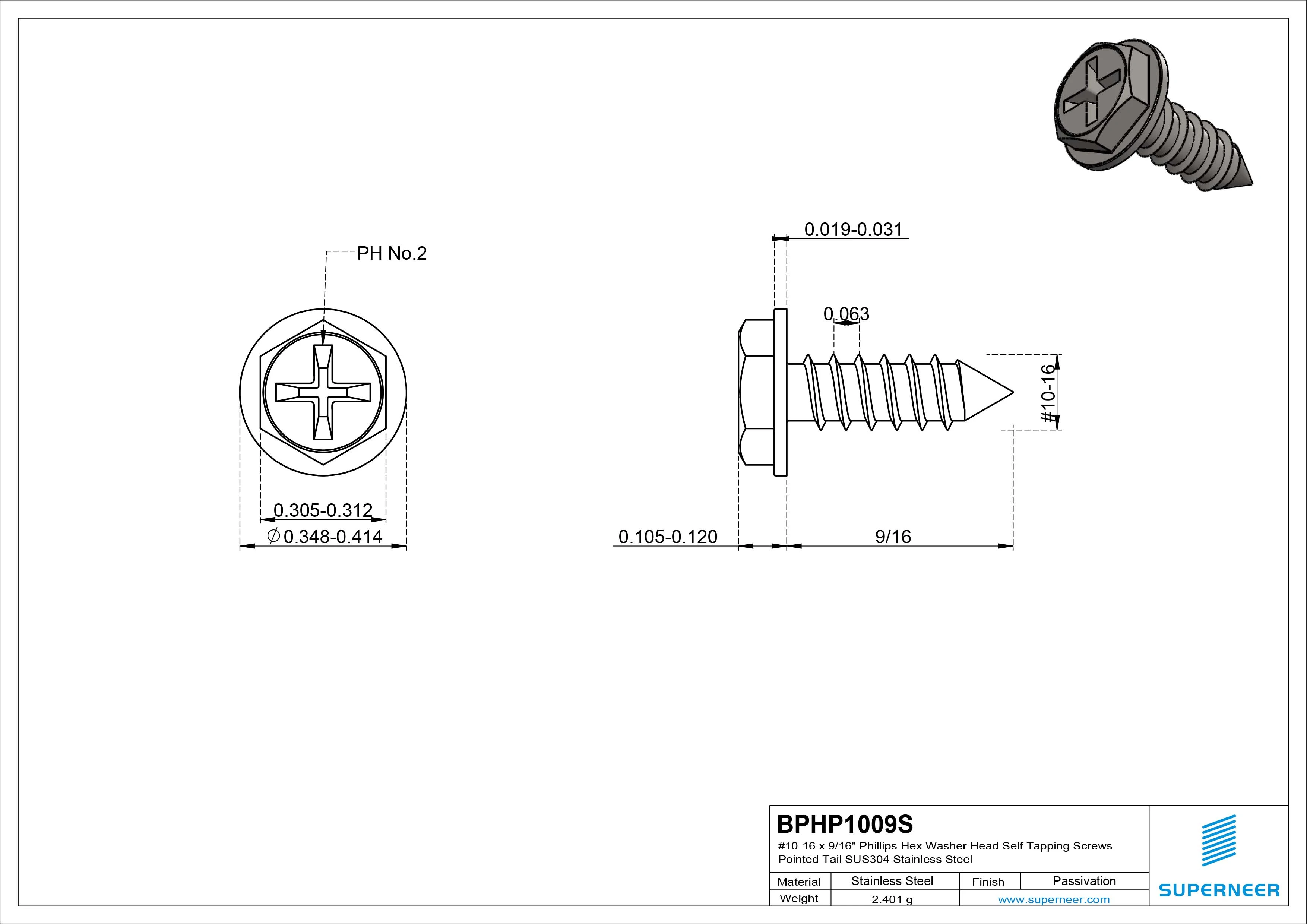 #10-16 x 9/16" Phillips Hex Washer Head Self Tapping Screws Pointed Tail SUS304 Stainless Steel