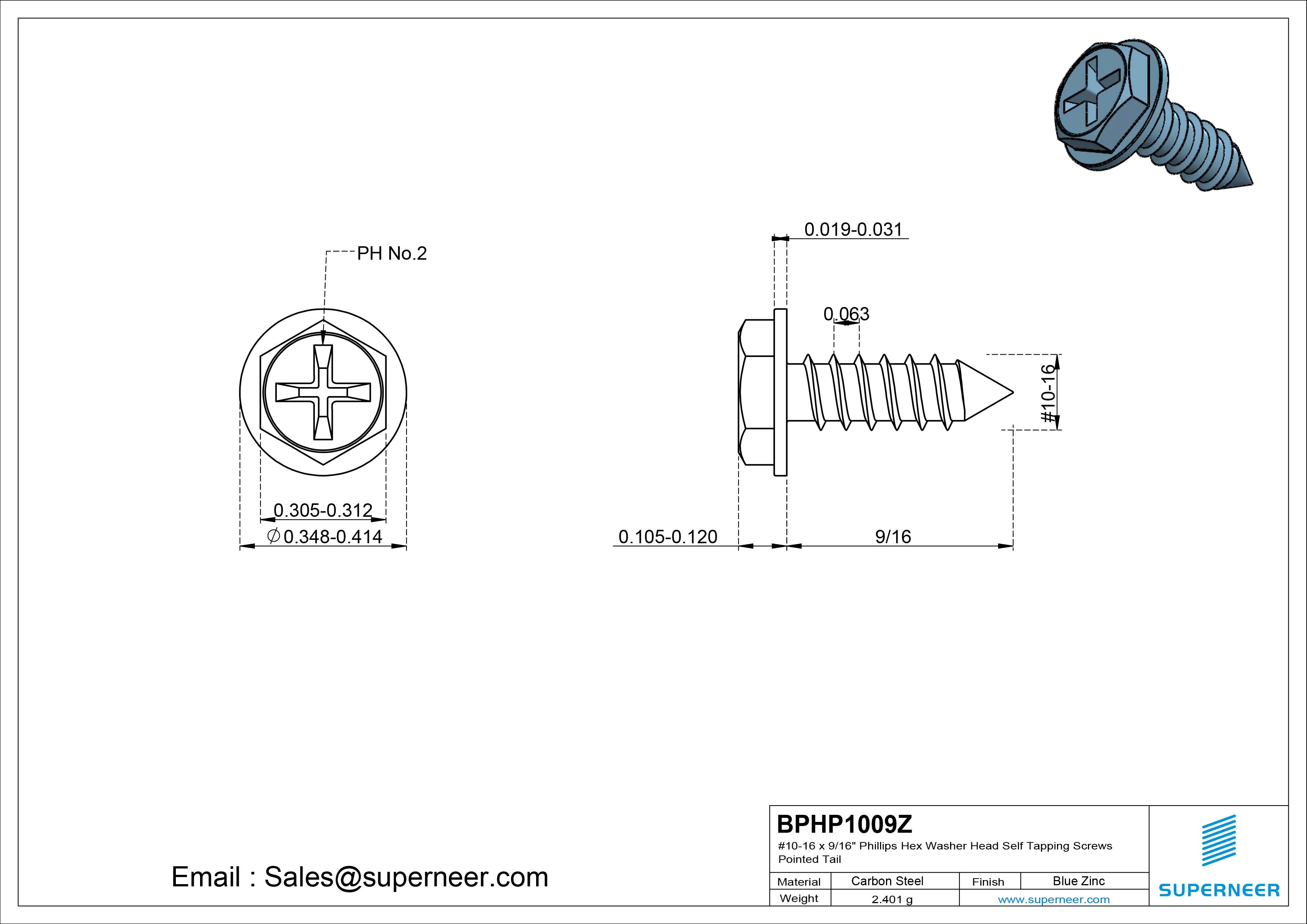 #10-16 x 9/16" Phillips Hex Washer Head Self Tapping Screws SUS304 Stainless Steel