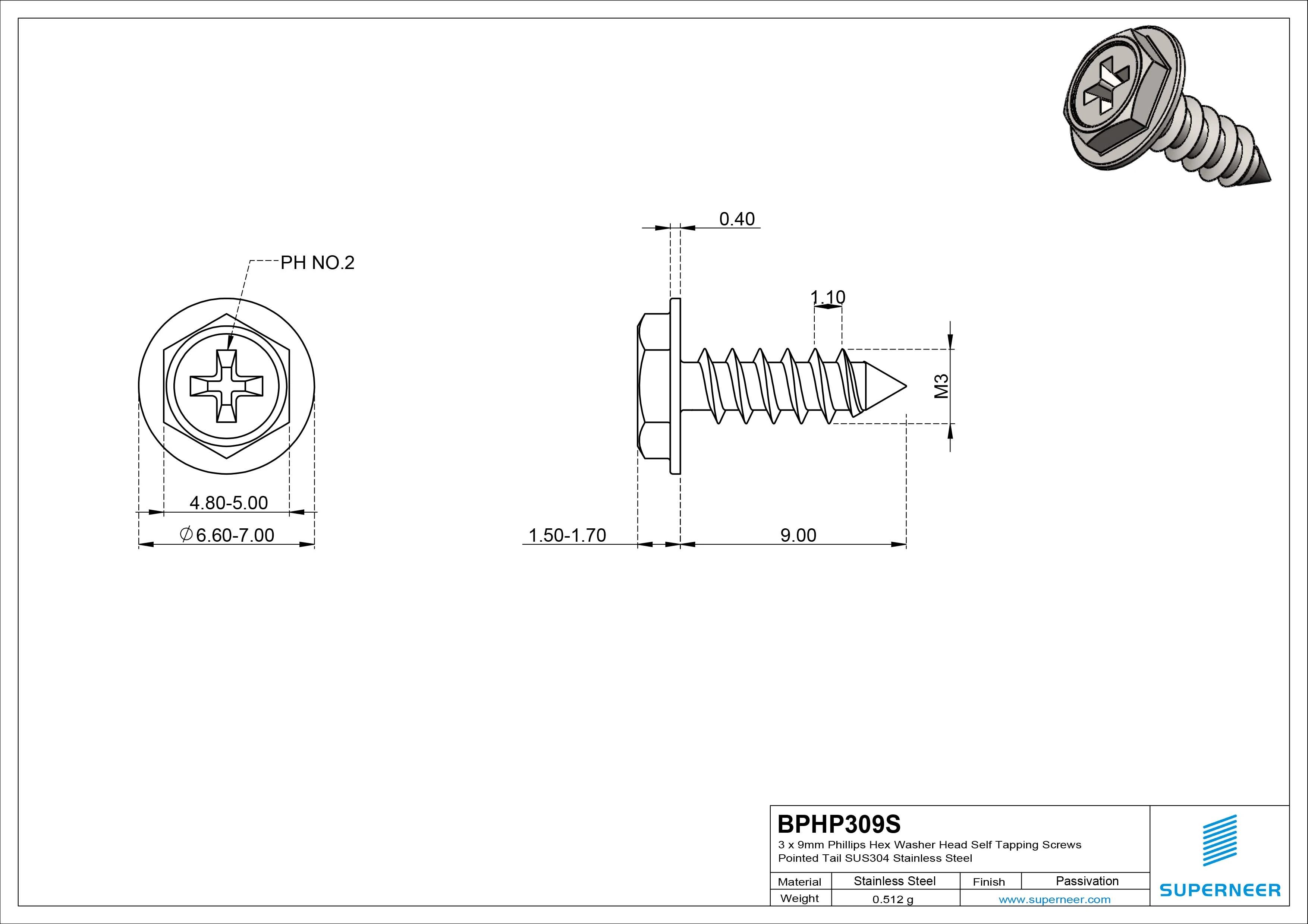 3 x 9mm Phillips Hex Washer Head Self Tapping Screws Pointed Tail SUS304 Stainless Steel