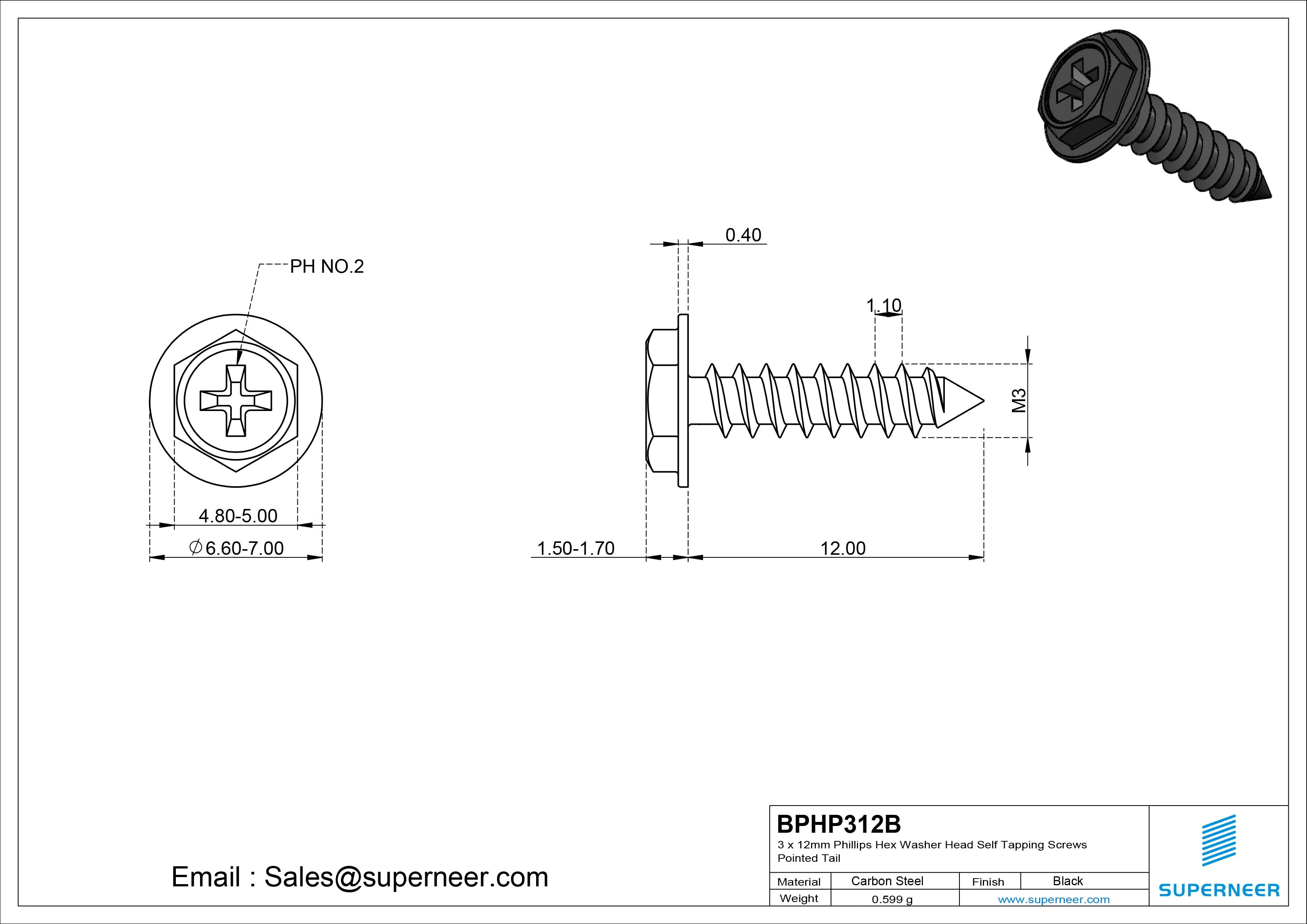 3 x 12mm Phillips Hex Washer Head Self Tapping Screws Pointed Tail Steel Black Zinc Plated