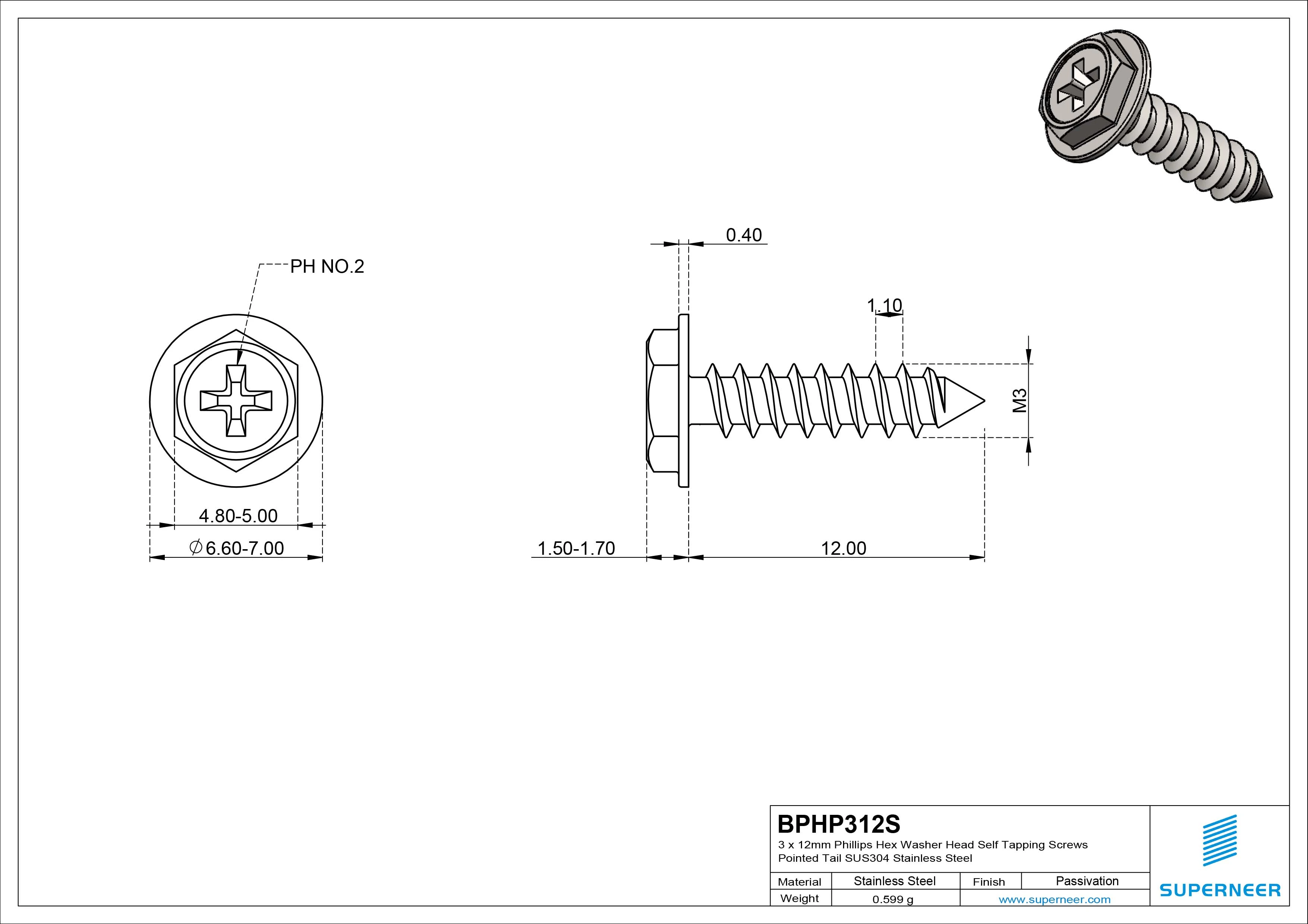 3 x 12mm Phillips Hex Washer Head Self Tapping Screws Pointed Tail SUS304 Stainless Steel