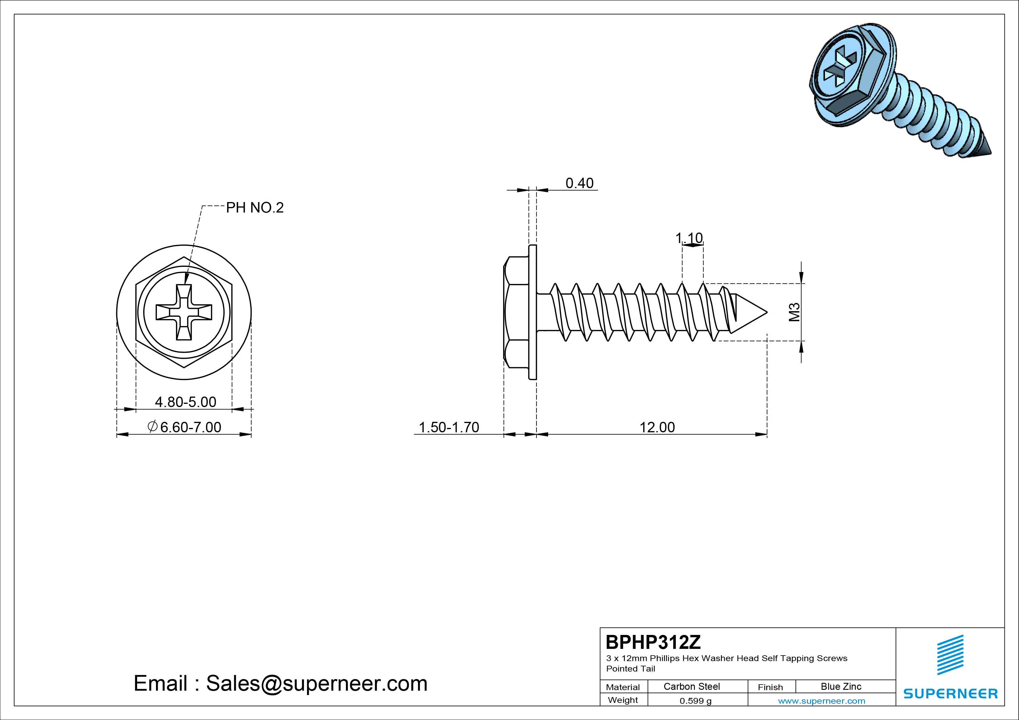 3 x 12mm Phillips Hex Washer Head Self Tapping Screws Pointed Tail Steel Blue Zinc Plated
