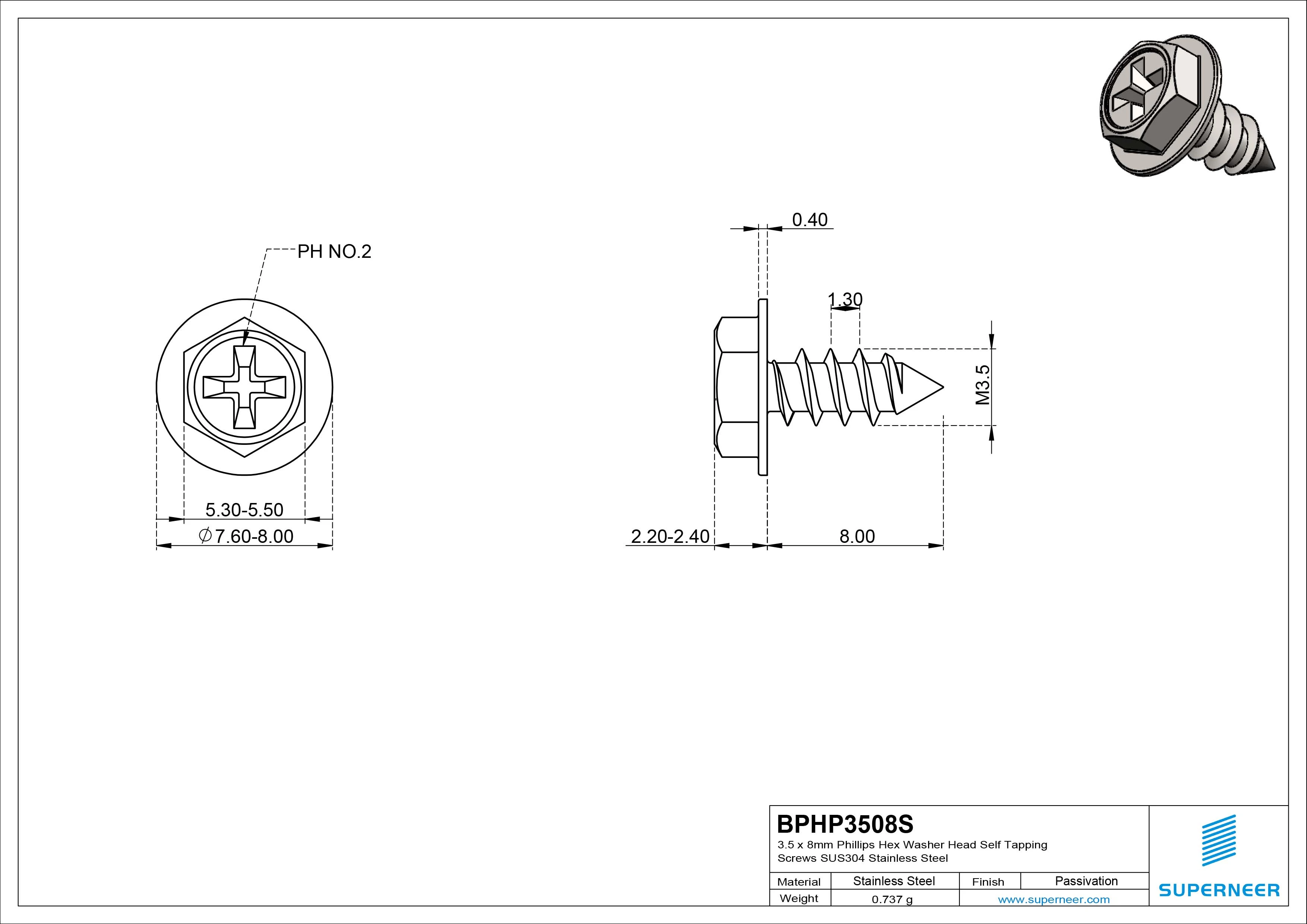 3.5 x 8mm Phillips Hex Washer Head Self Tapping Screws Pointed Tail SUS304 Stainless Steel