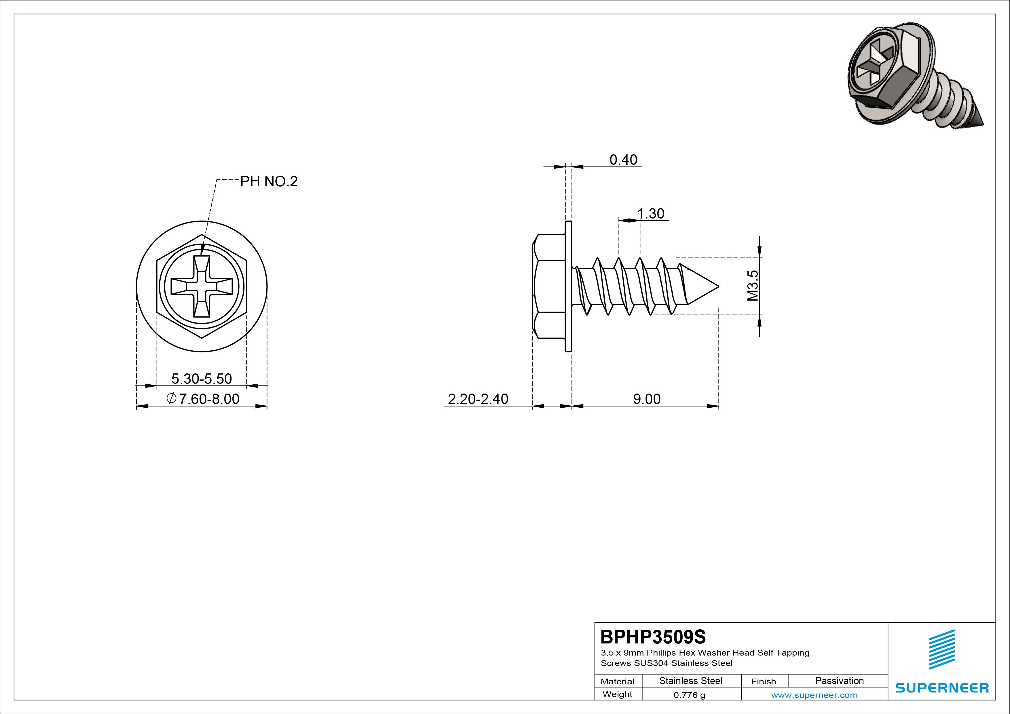 3.5 x 9mm Phillips Hex Washer Head Self Tapping Screws Pointed Tail SUS304 Stainless Steel