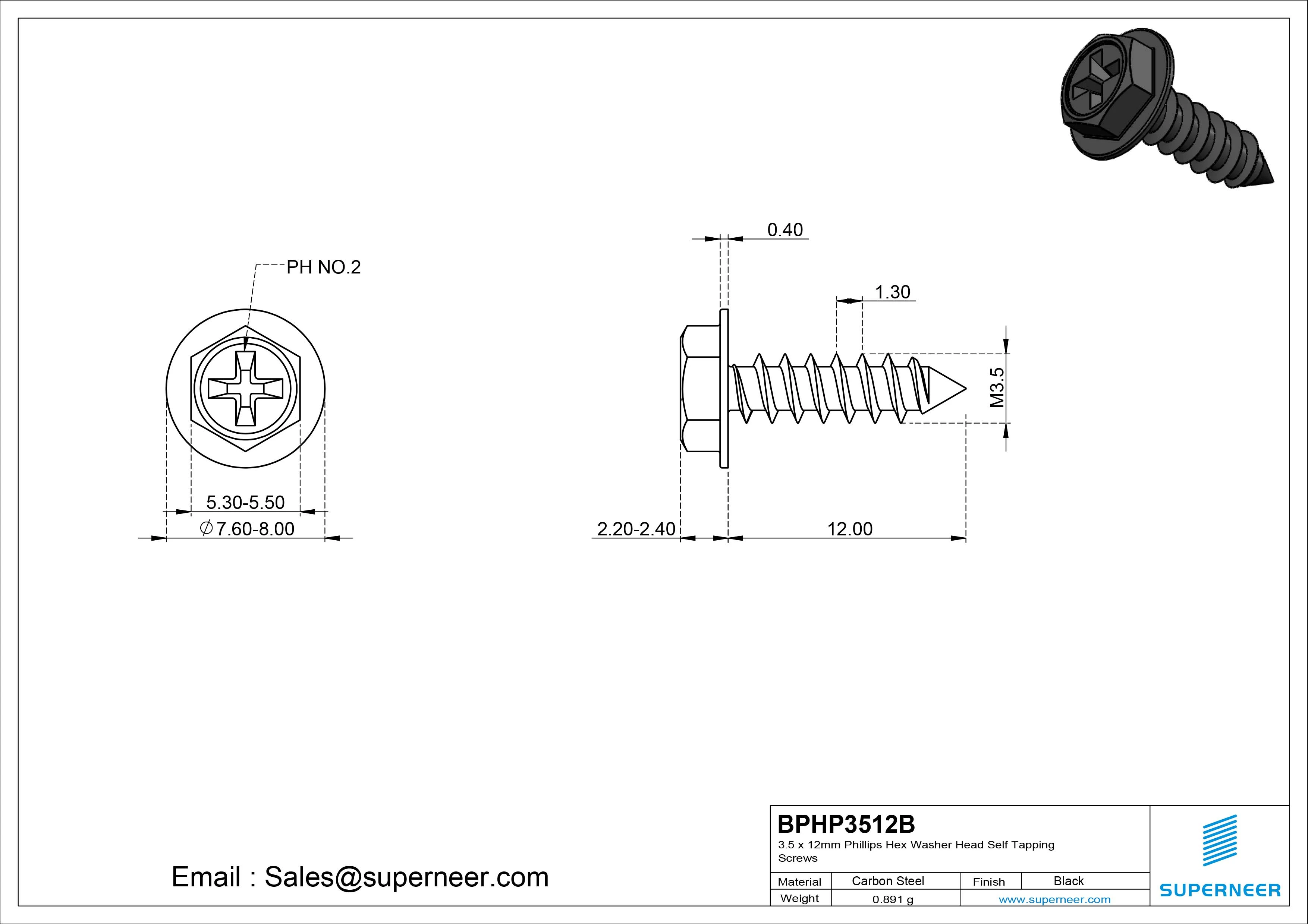 3.5 x 12mm Phillips Hex Washer Head Self Tapping Screws Pointed Tail Steel Black Zinc Plated