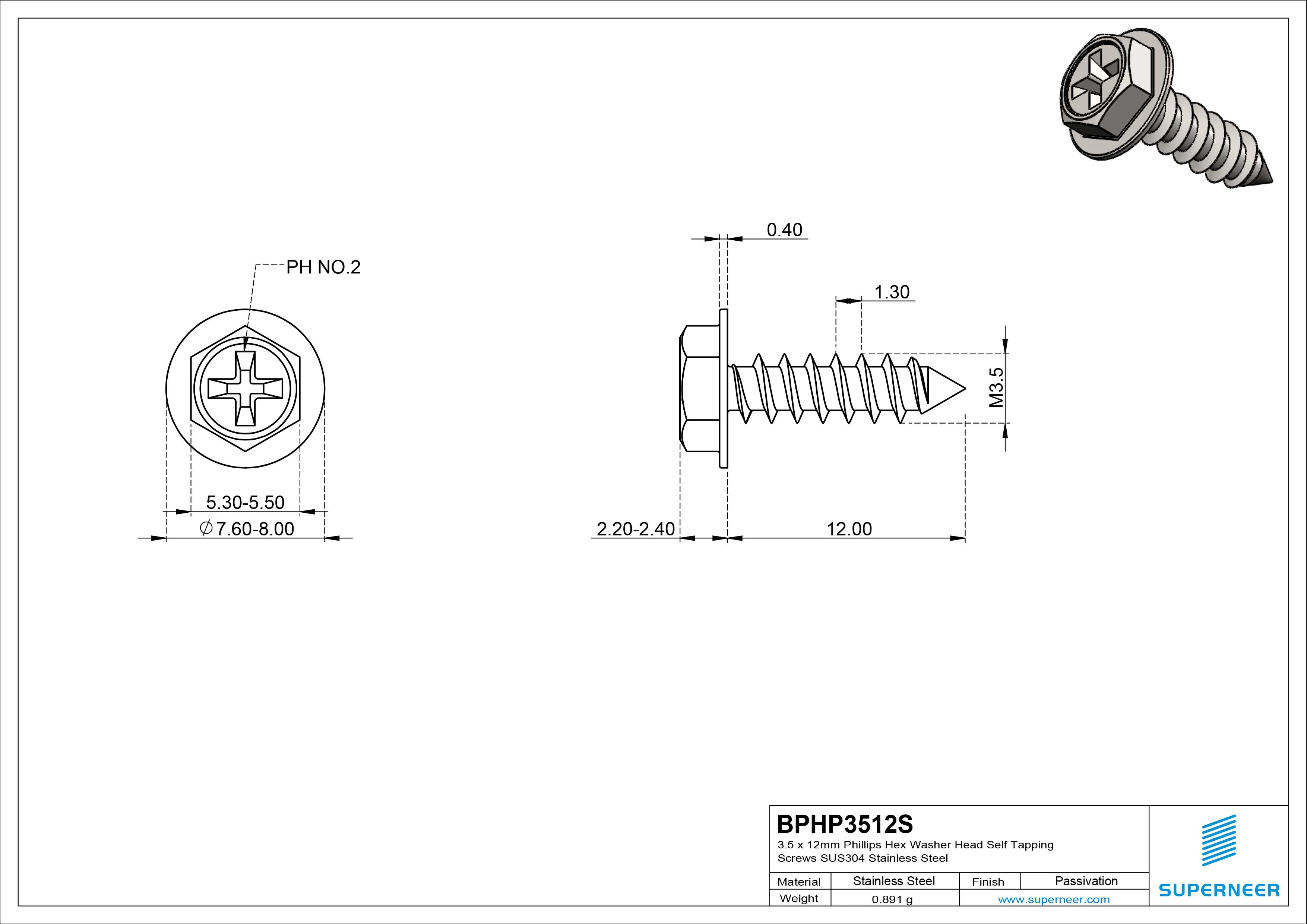 3.5 x 12mm Phillips Hex Washer Head Self Tapping Screws Pointed Tail SUS304 Stainless Steel