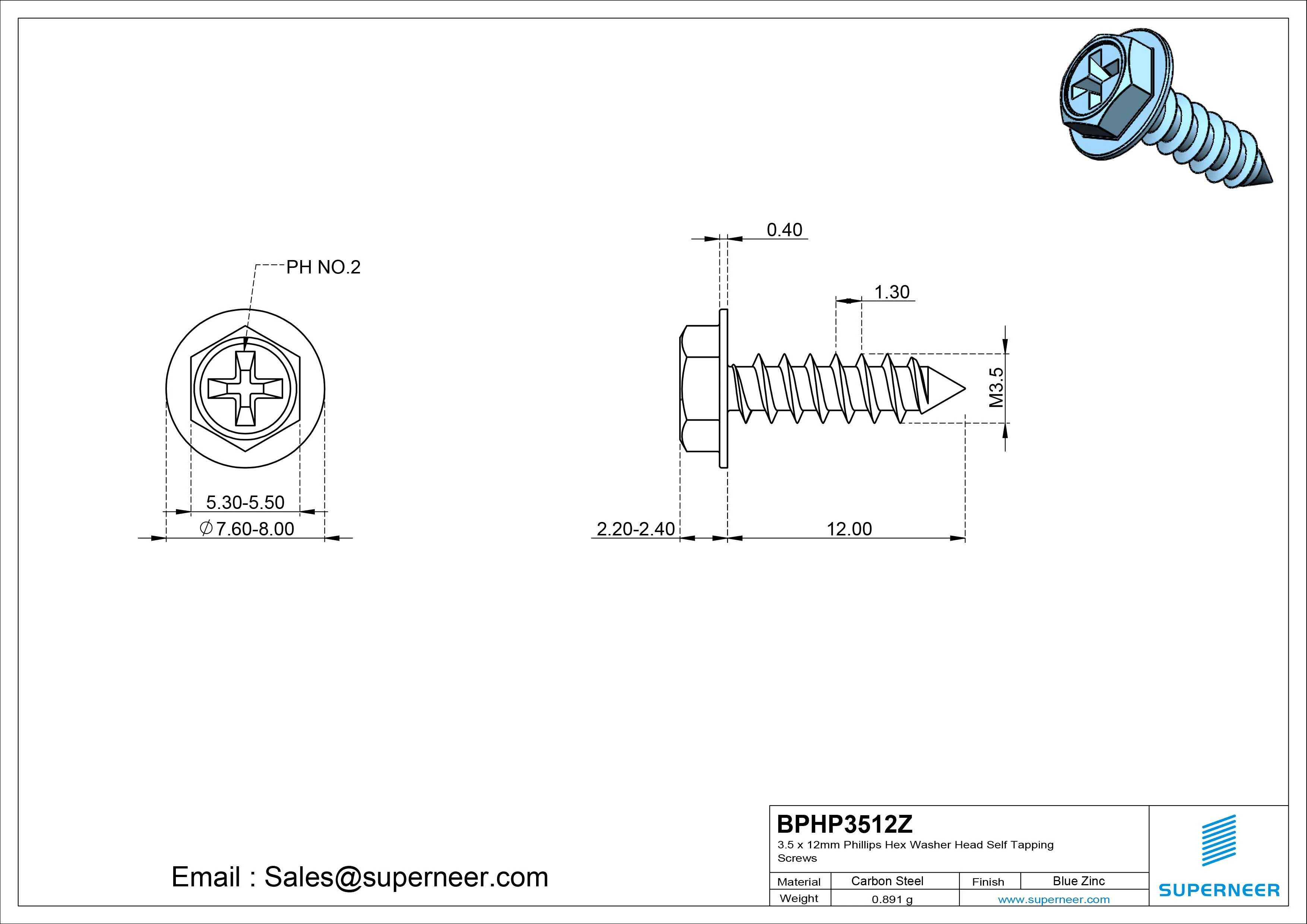 3.5 x 12mm Phillips Hex Washer Head Self Tapping Screws Pointed Tail Steel Blue Zinc Plated