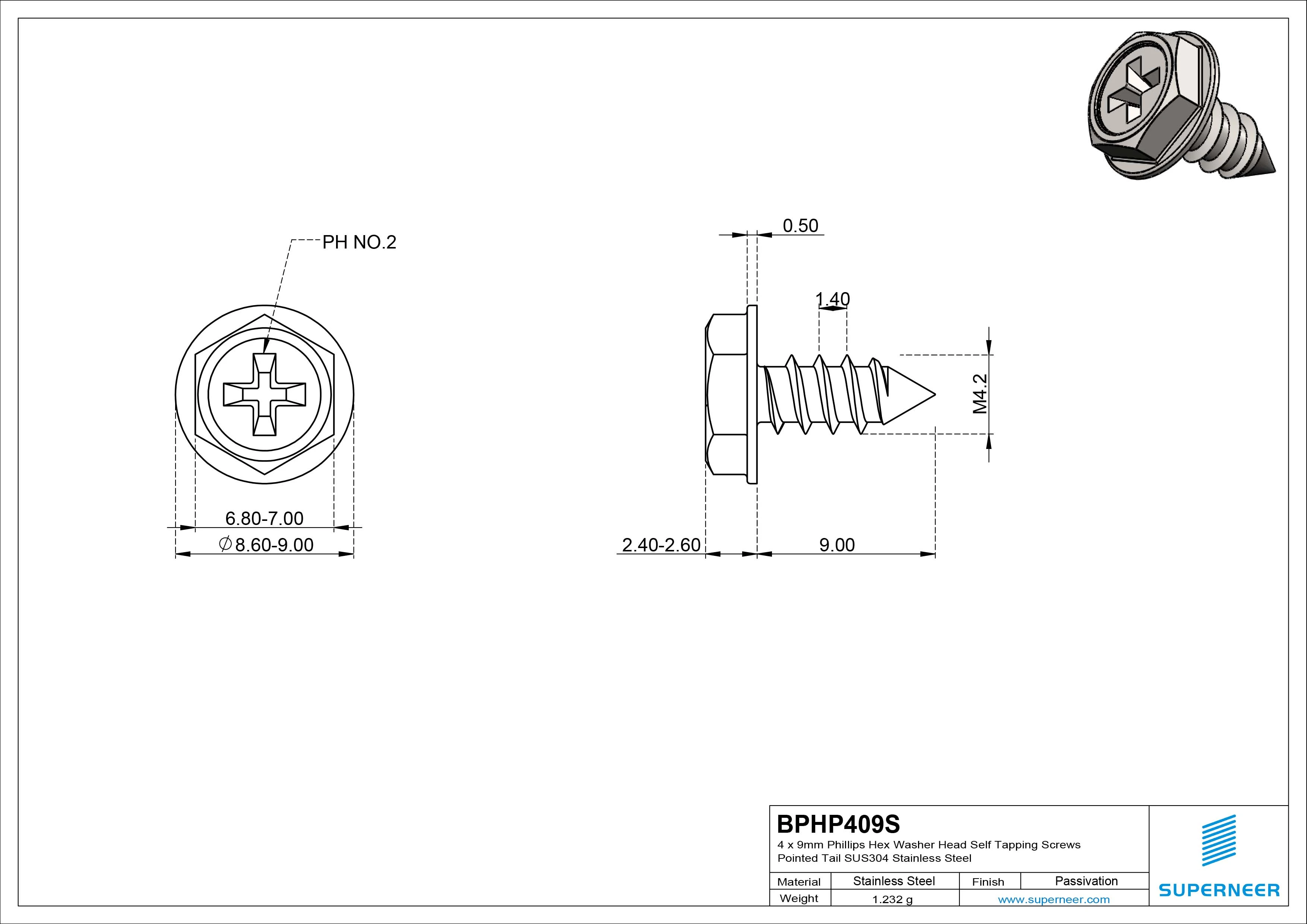 4 x 9mm Phillips Hex Washer Head Self Tapping Screws Pointed Tail SUS304 Stainless Steel