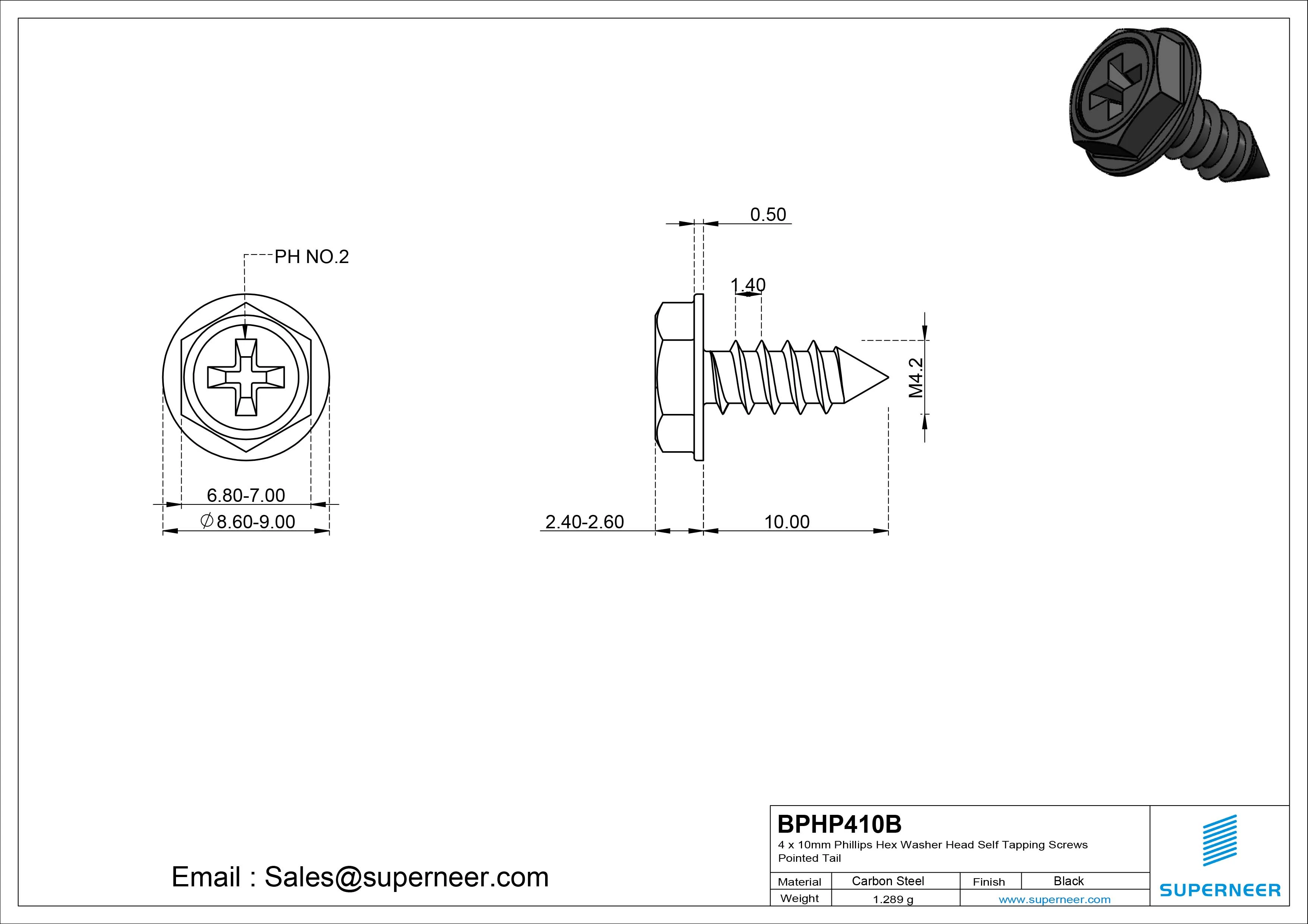 4 x 10mm Phillips Hex Washer Head Self Tapping Screws Pointed Tail SUS304 Stainless Steel
