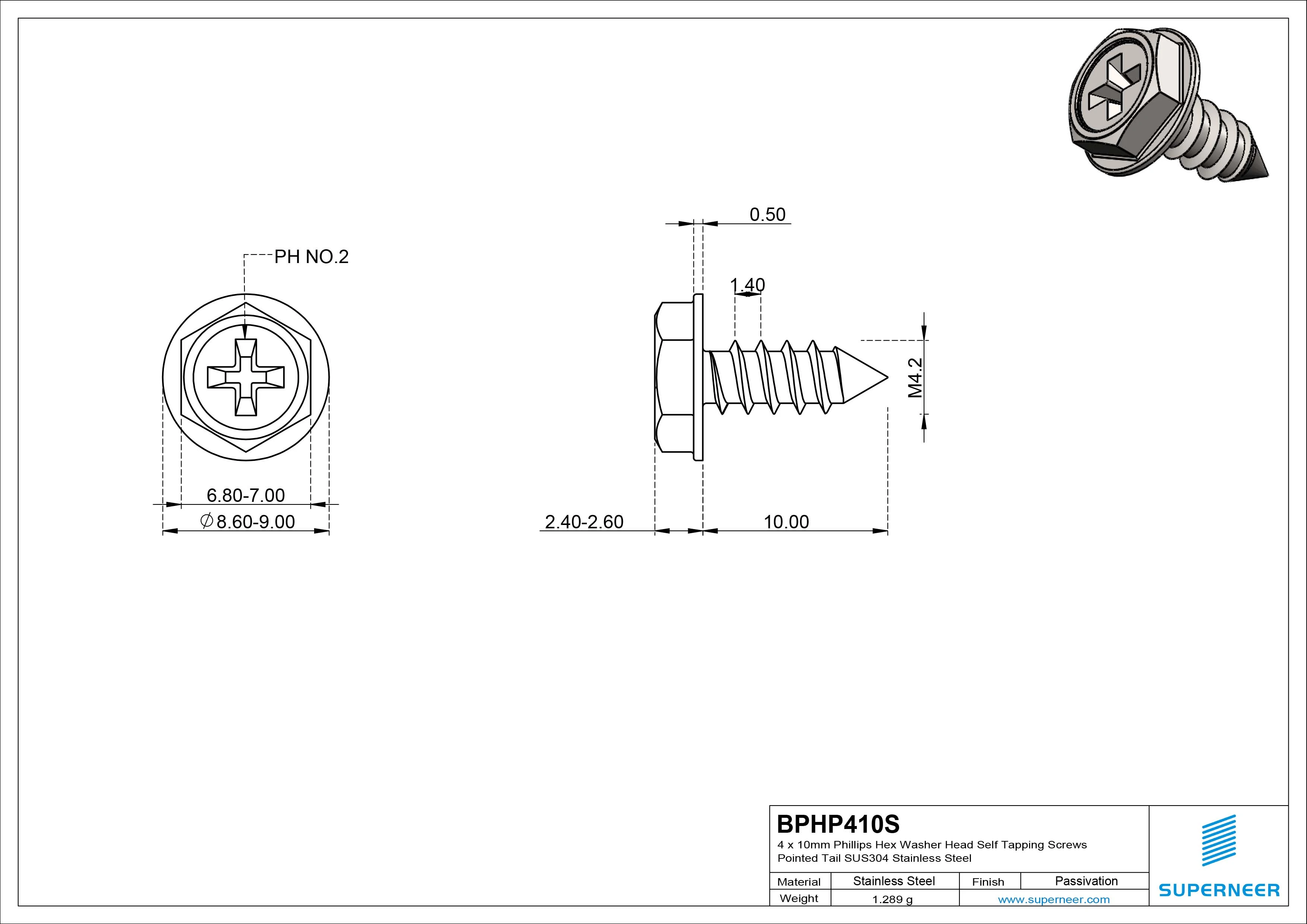 4 x 10mm Phillips Hex Washer Head Self Tapping Screws Pointed Tail SUS304 Stainless Steel