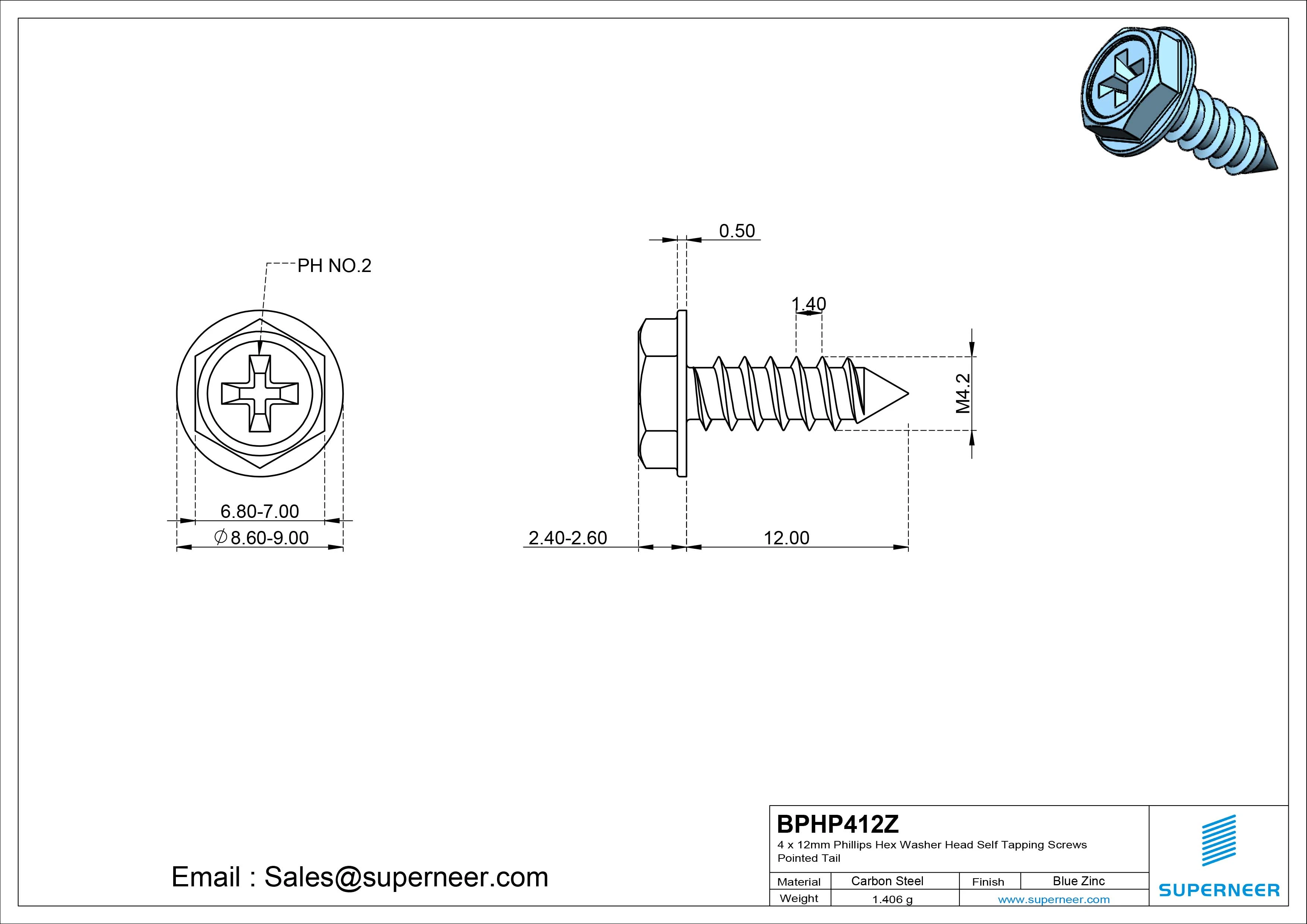 4 x 12mm Phillips Hex Washer Head Self Tapping Screws Pointed Tail SUS304 Stainless Steel