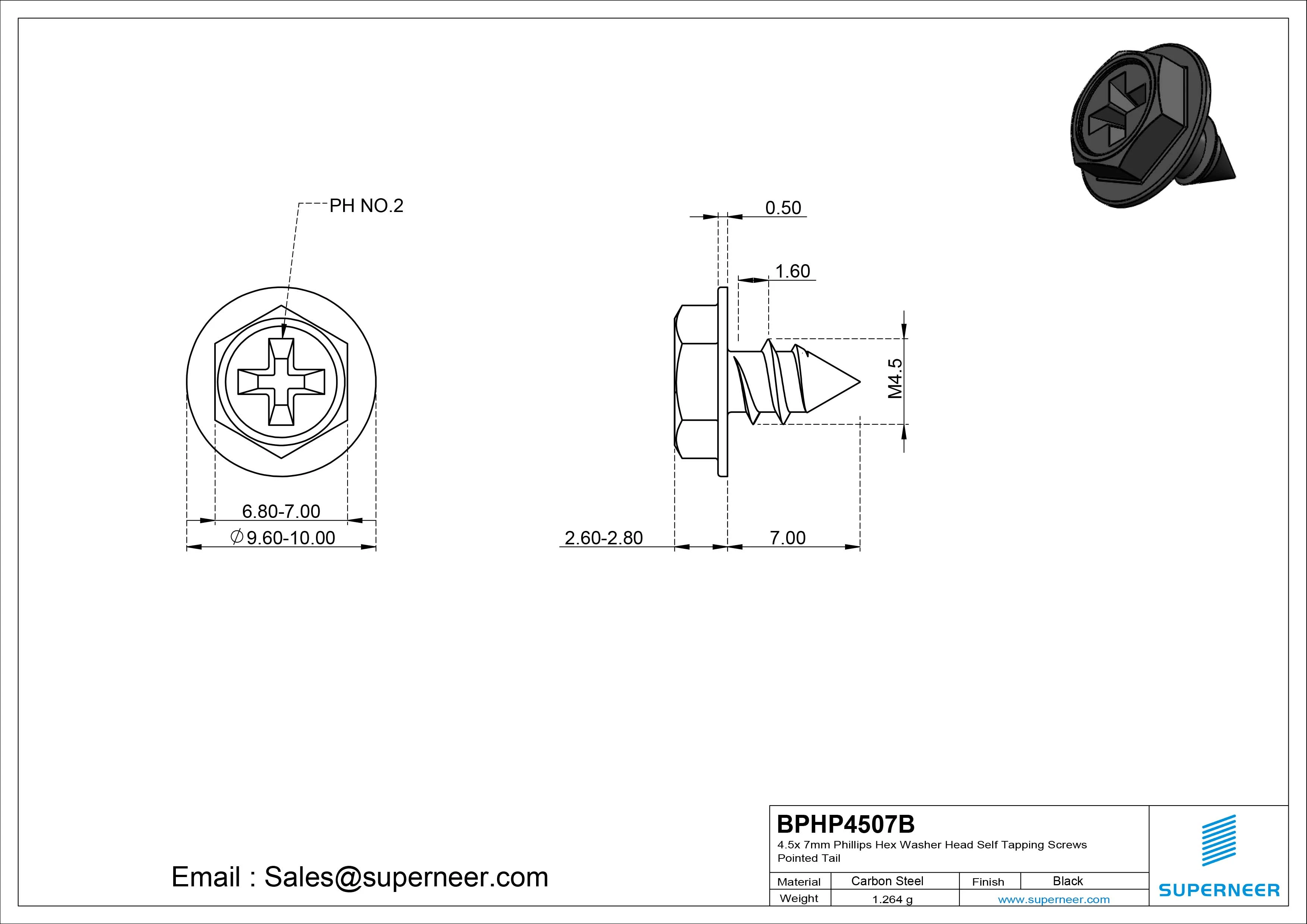 4.5 x 7mm Phillips Hex Washer Head Self Tapping Screws Pointed Tail SUS304 Stainless Steel