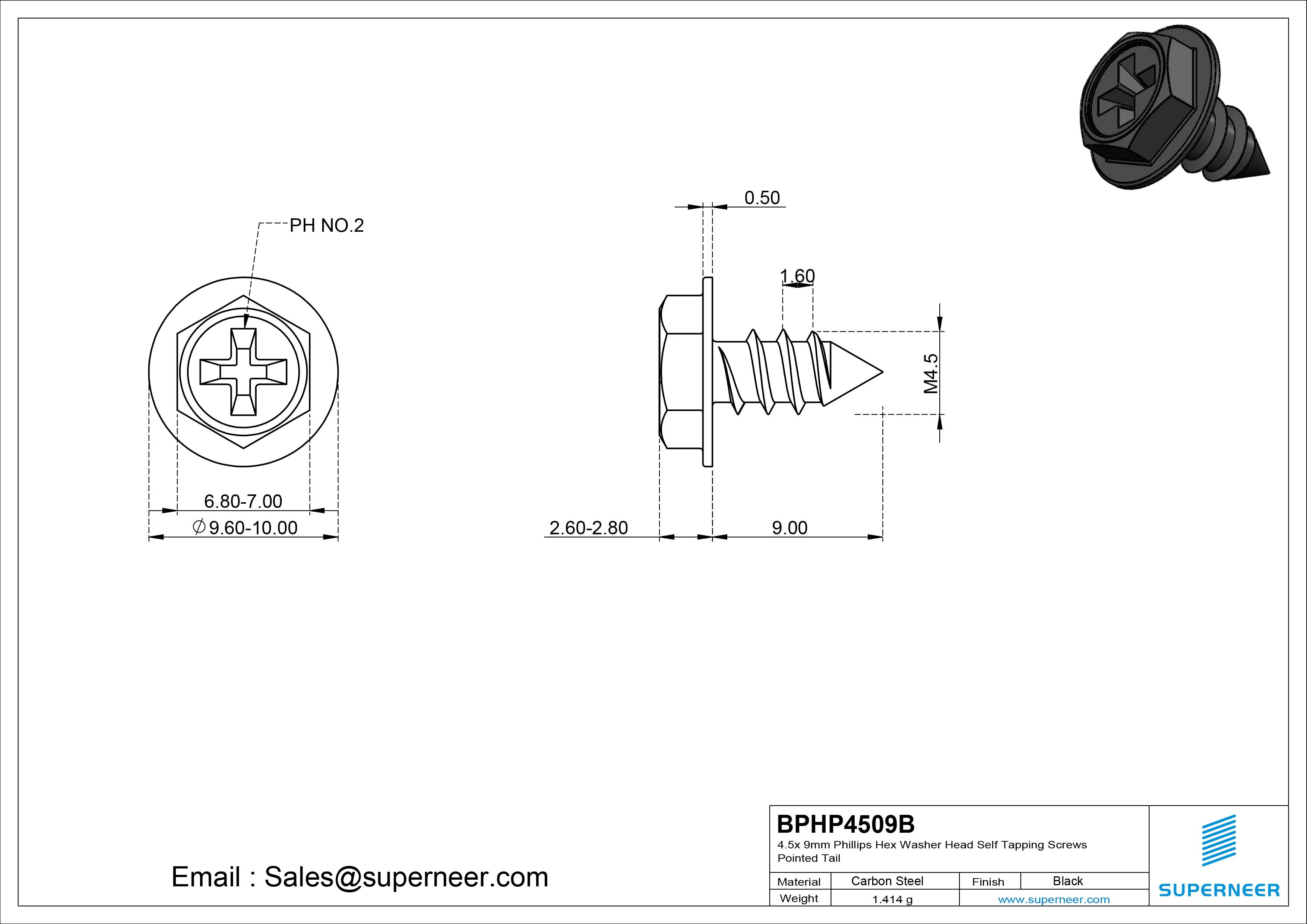 4.5 x 9mm Phillips Hex Washer Head Self Tapping Screws Pointed Tail SUS304 Stainless Steel