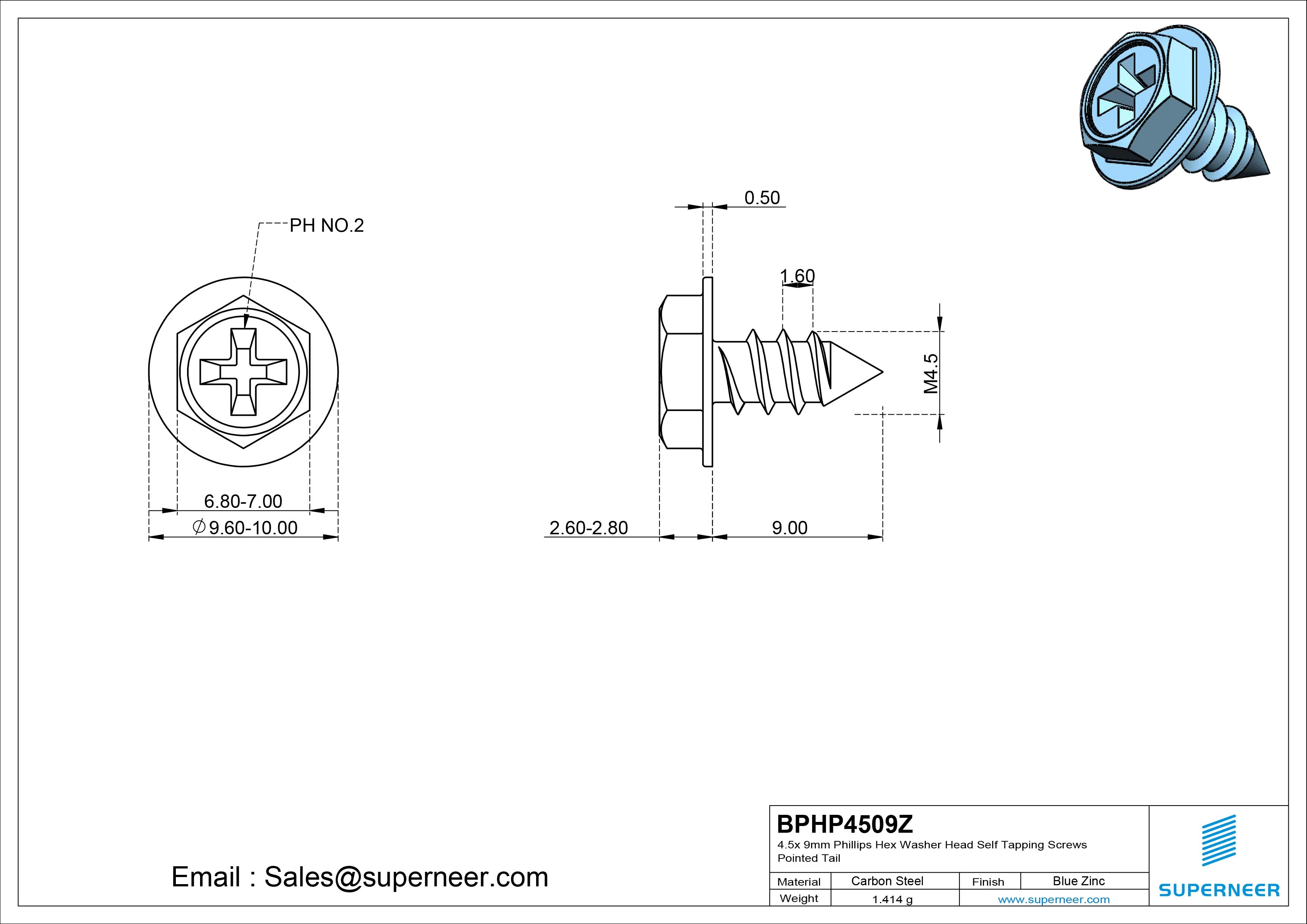4.5 x 9mm Phillips Hex Washer Head Self Tapping Screws Pointed Tail SUS304 Stainless Steel