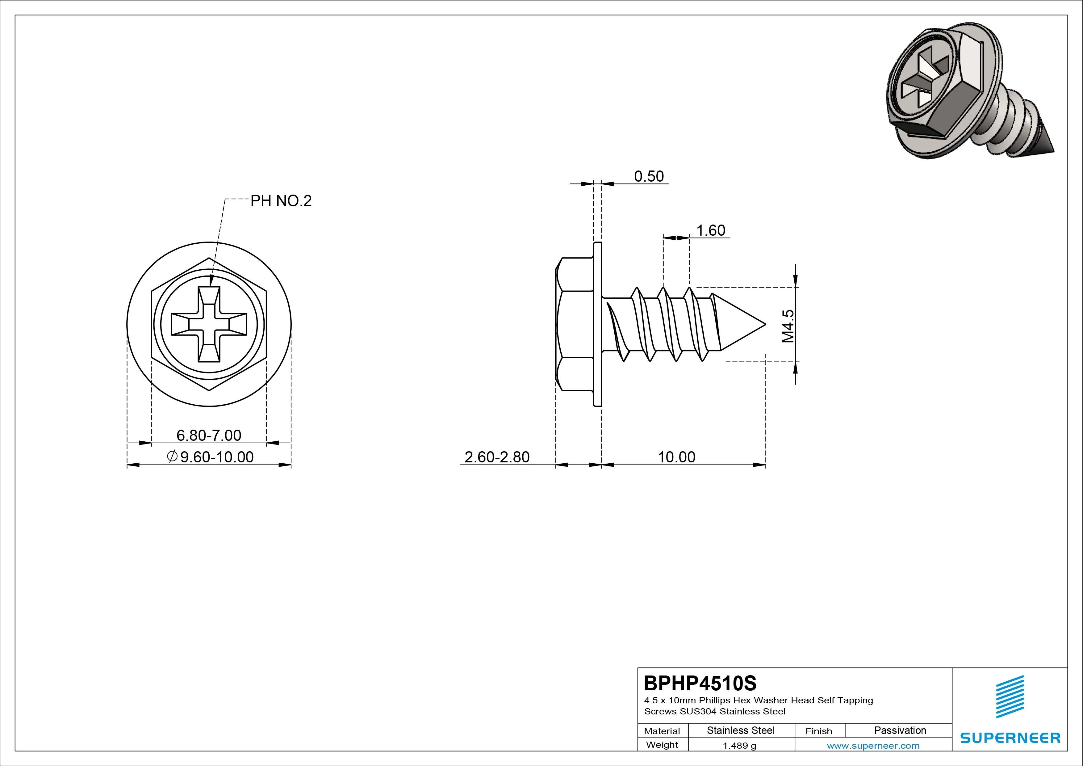 4.5 x 10mm Phillips Hex Washer Head Self Tapping Screws Pointed Tail SUS304 Stainless Steel