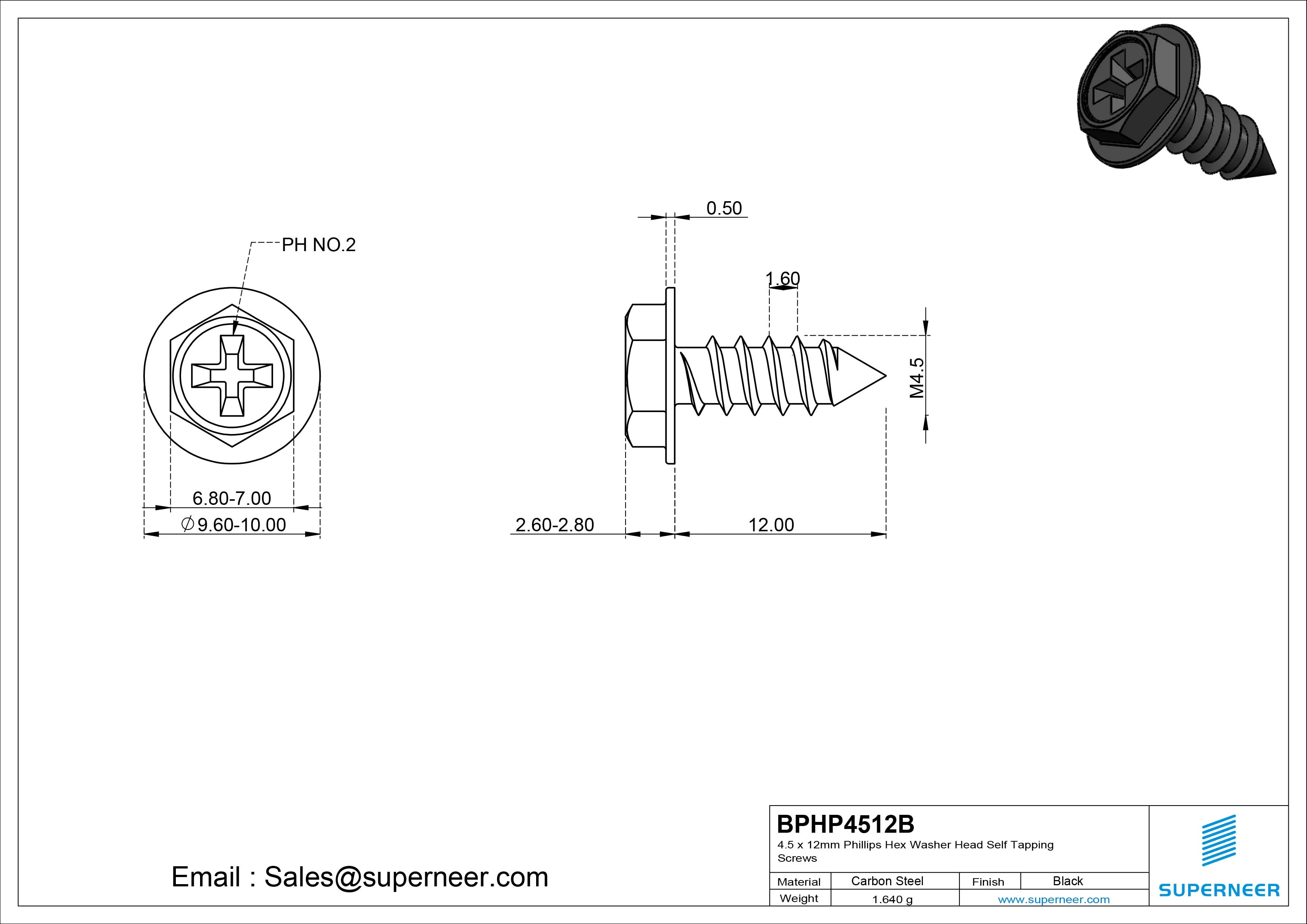 4.5 x 12mm Phillips Hex Washer Head Self Tapping Screws Pointed Tail SUS304 Stainless Steel