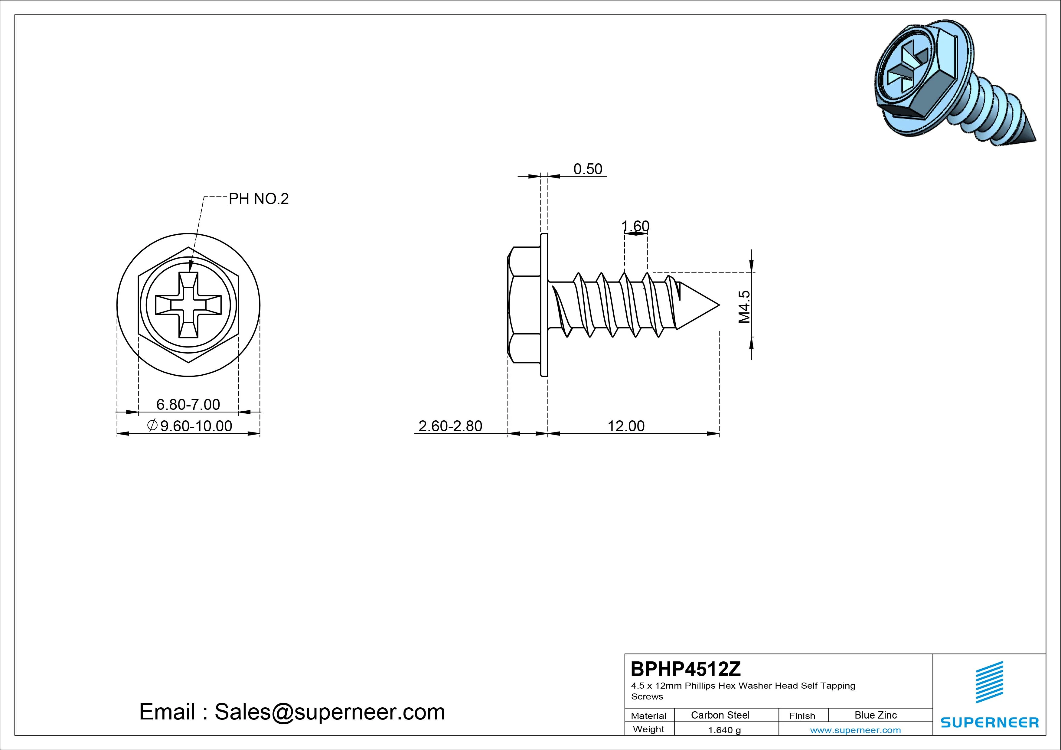 4.5 x 12mm Phillips Hex Washer Head Self Tapping Screws Pointed Tail SUS304 Stainless Steel