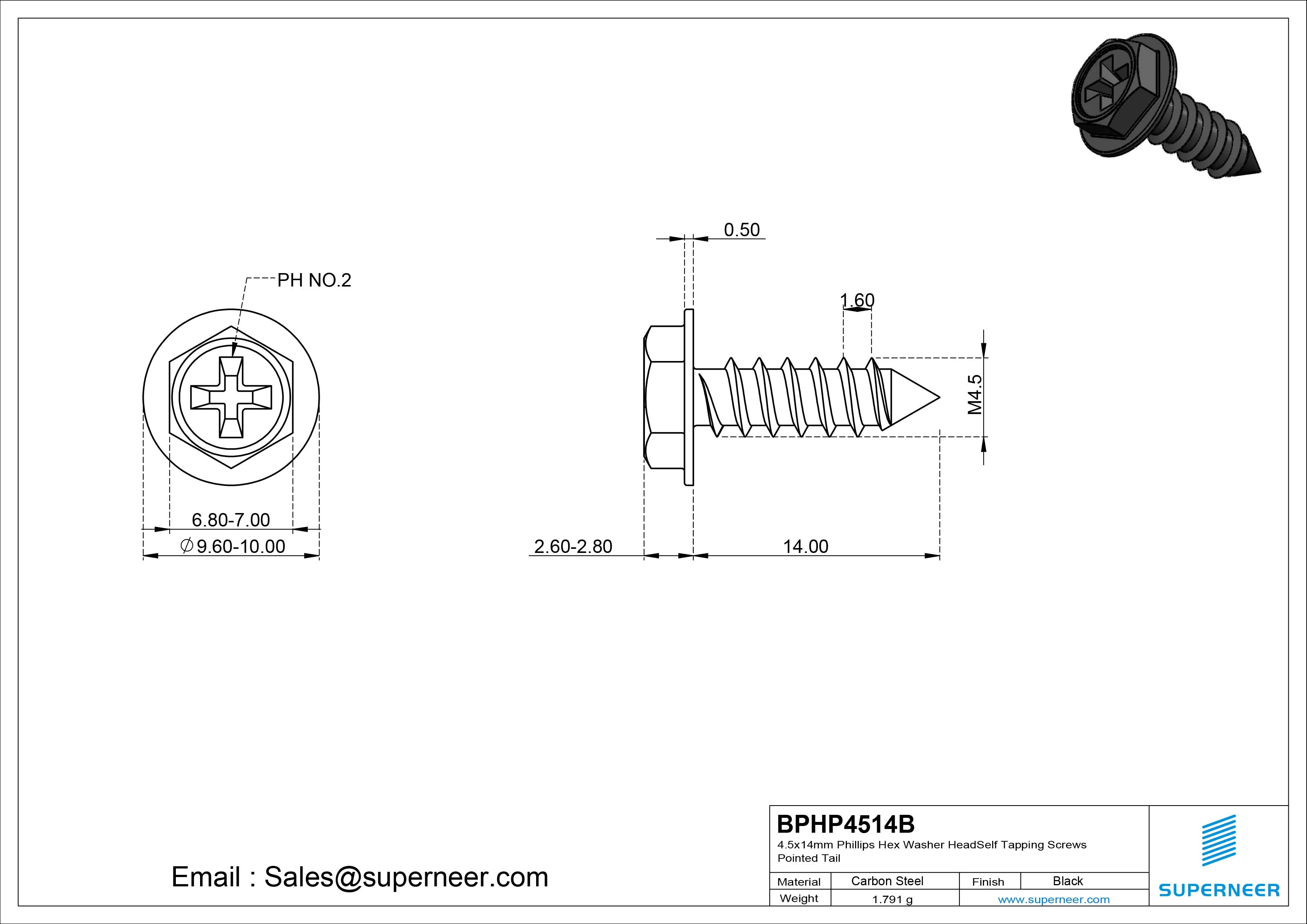 4.5 x 14mm Phillips Hex Washer Head Self Tapping Screws Pointed Tail SUS304 Stainless Steel