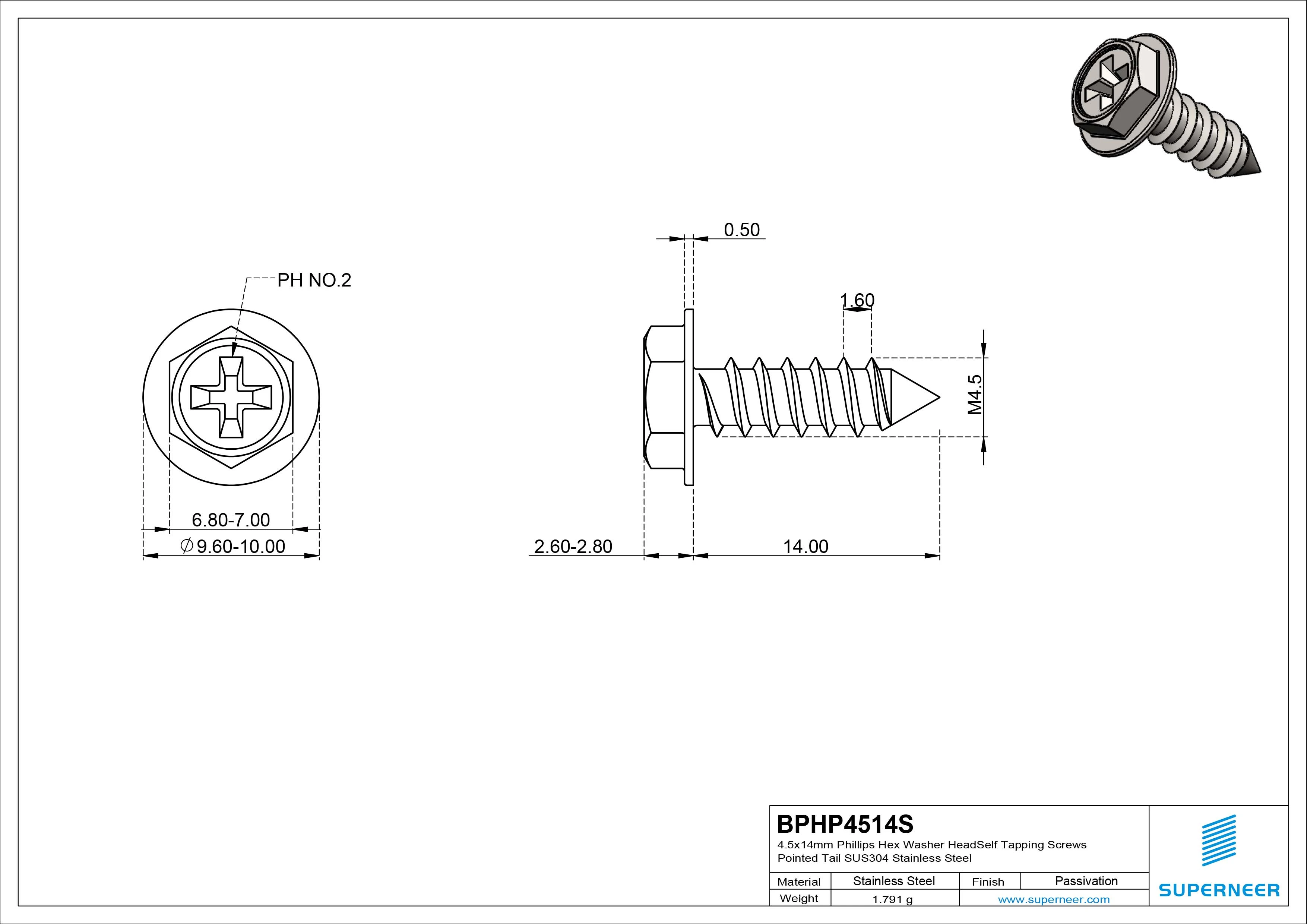 4.5 x 14mm Phillips Hex Washer Head Self Tapping Screws Pointed Tail SUS304 Stainless Steel