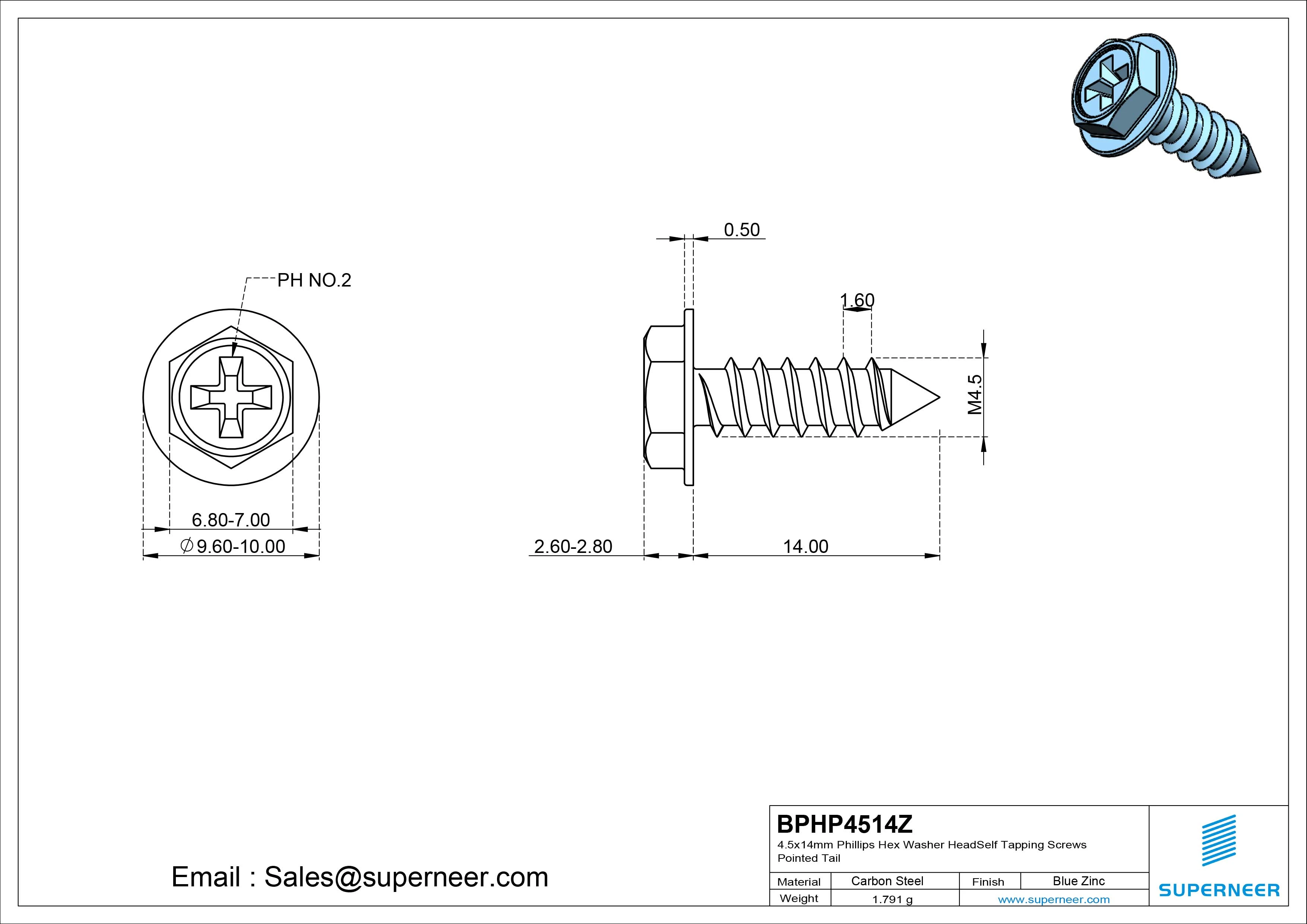 4.5 x 14mm Phillips Hex Washer Head Self Tapping Screws Pointed Tail SUS304 Stainless Steel
