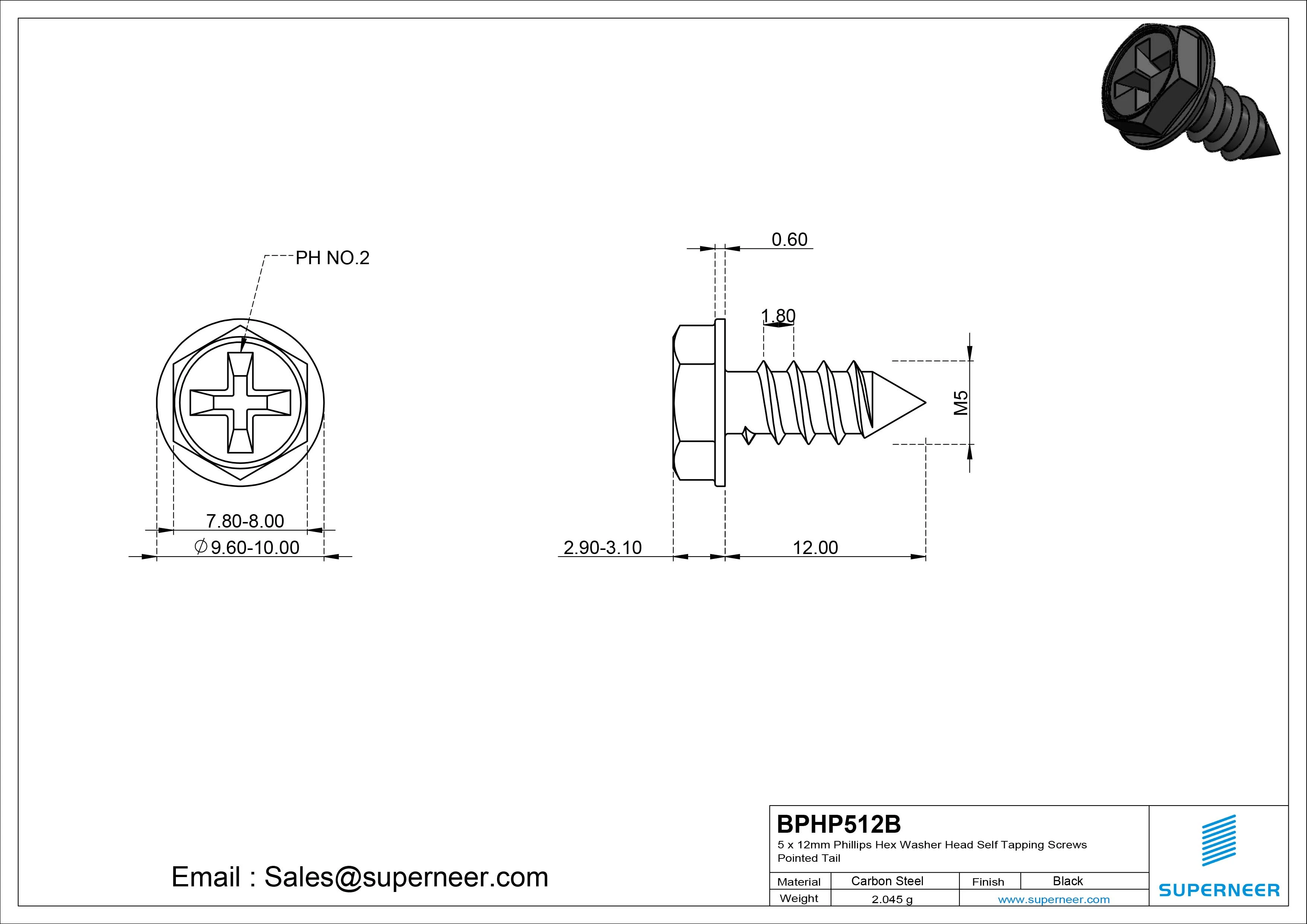 5 x 12mm Phillips Hex Washer Head Self Tapping Screws Pointed Tail SUS304 Stainless Steel