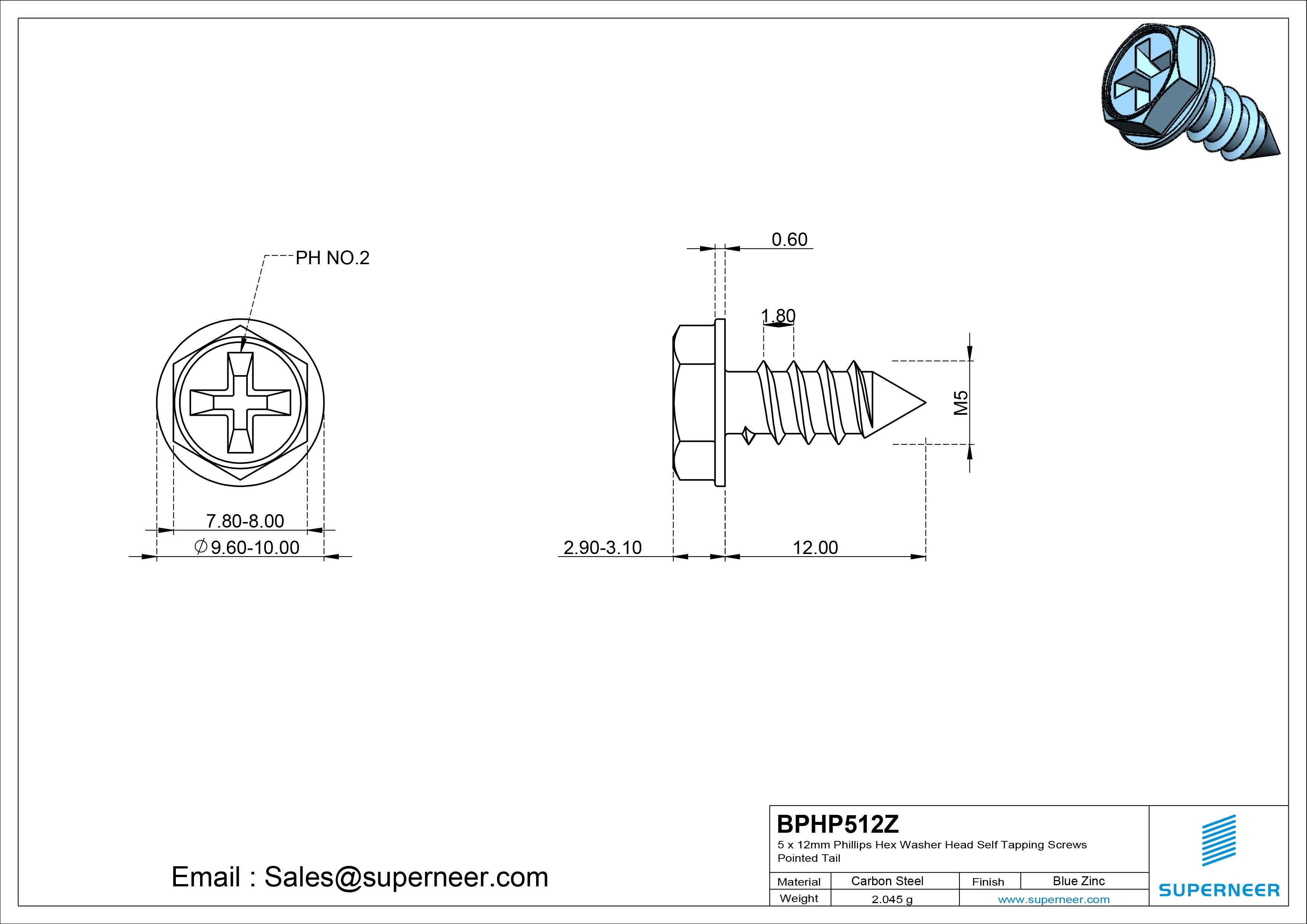 5 x 12mm Phillips Hex Washer Head Self Tapping Screws Pointed Tail SUS304 Stainless Steel