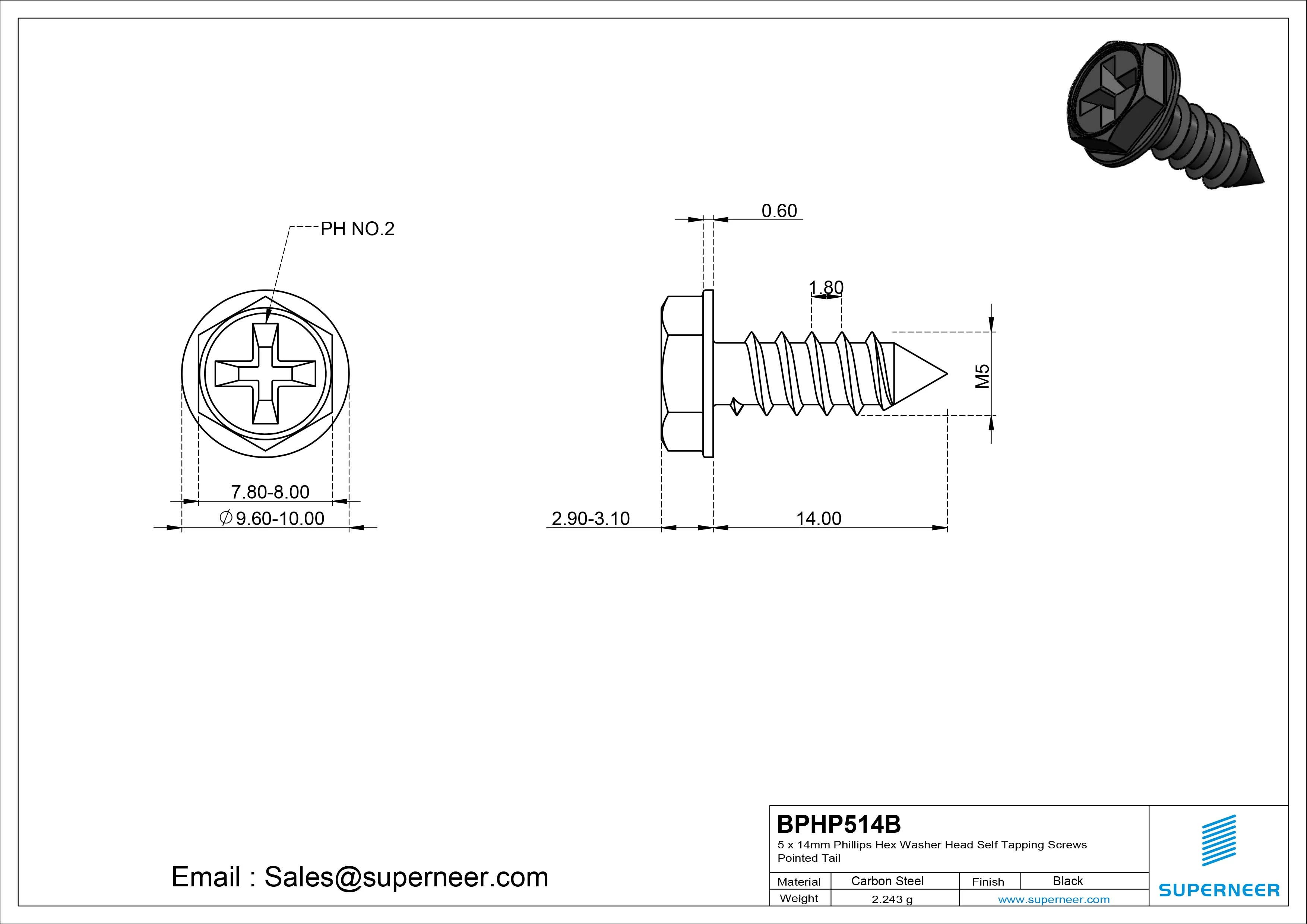 5 x 14mm Phillips Hex Washer Head Self Tapping Screws Pointed Tail SUS304 Stainless Steel