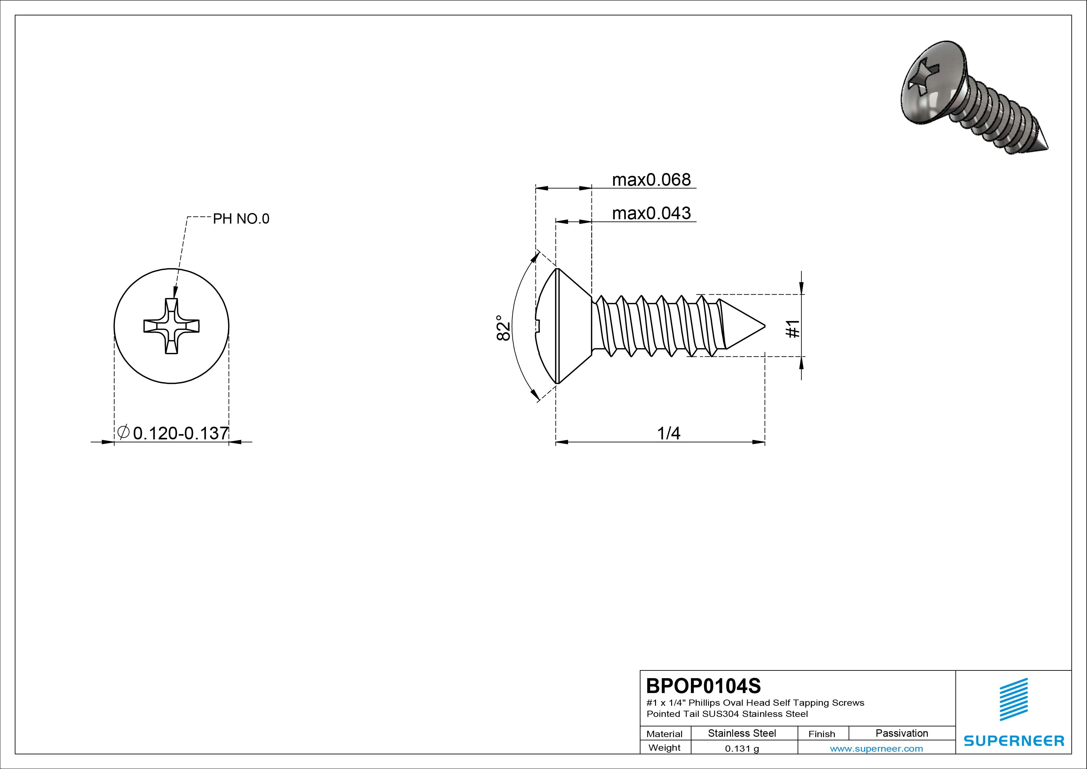 #1 x 1/4" Phillips Oval Head Self Tapping Screws Pointed Tail SUS304 Stainless Steel