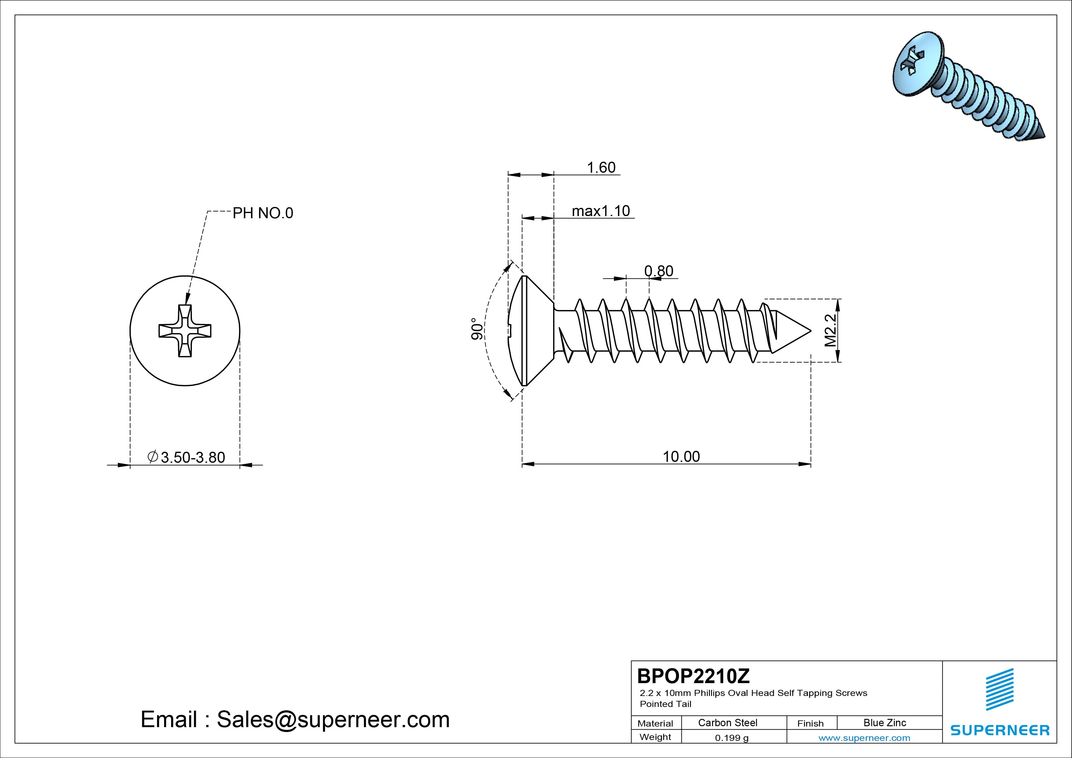 2.2 x 10mm Phillips Oval Head Self Tapping Screws Pointed Tail Steel Blue Zinc Plated