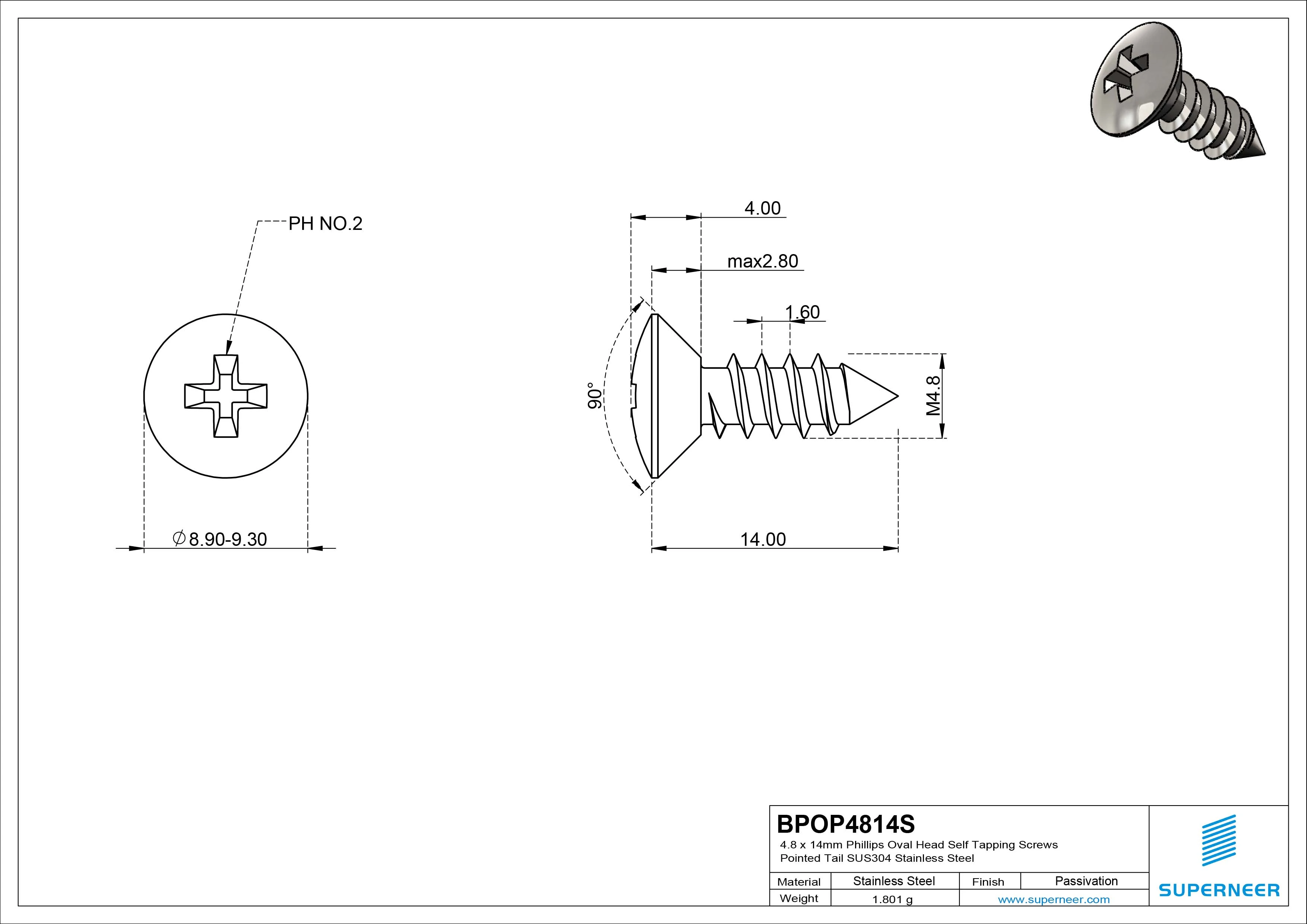 4.8 x 14mm Phillips Oval Head Self Tapping Screws Pointed Tail SUS304 Stainless Steel