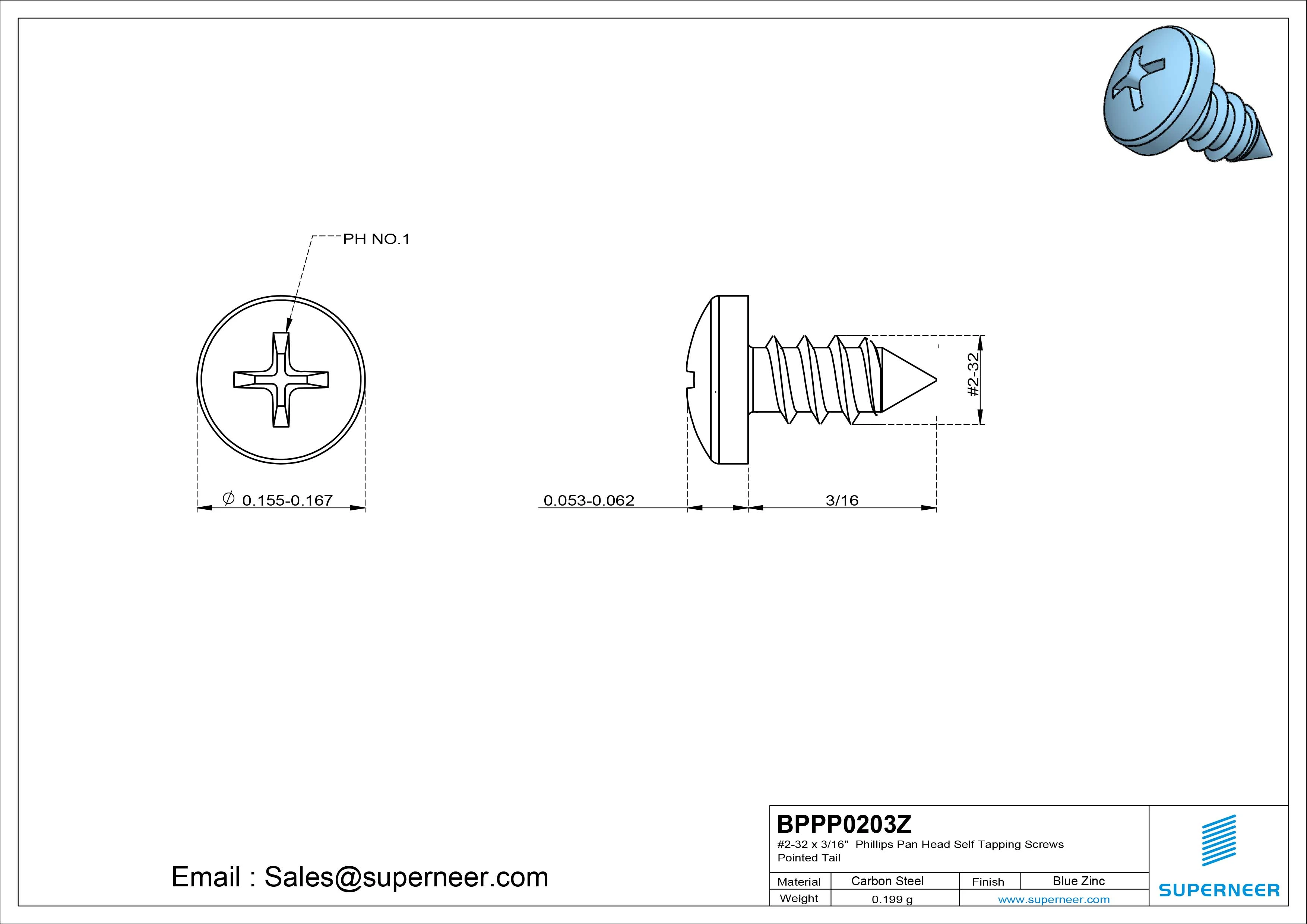 #2-32 x 3/16" Phillips Pan Head Self Tapping Screws Pointed Tail Steel Blue Zinc Plated