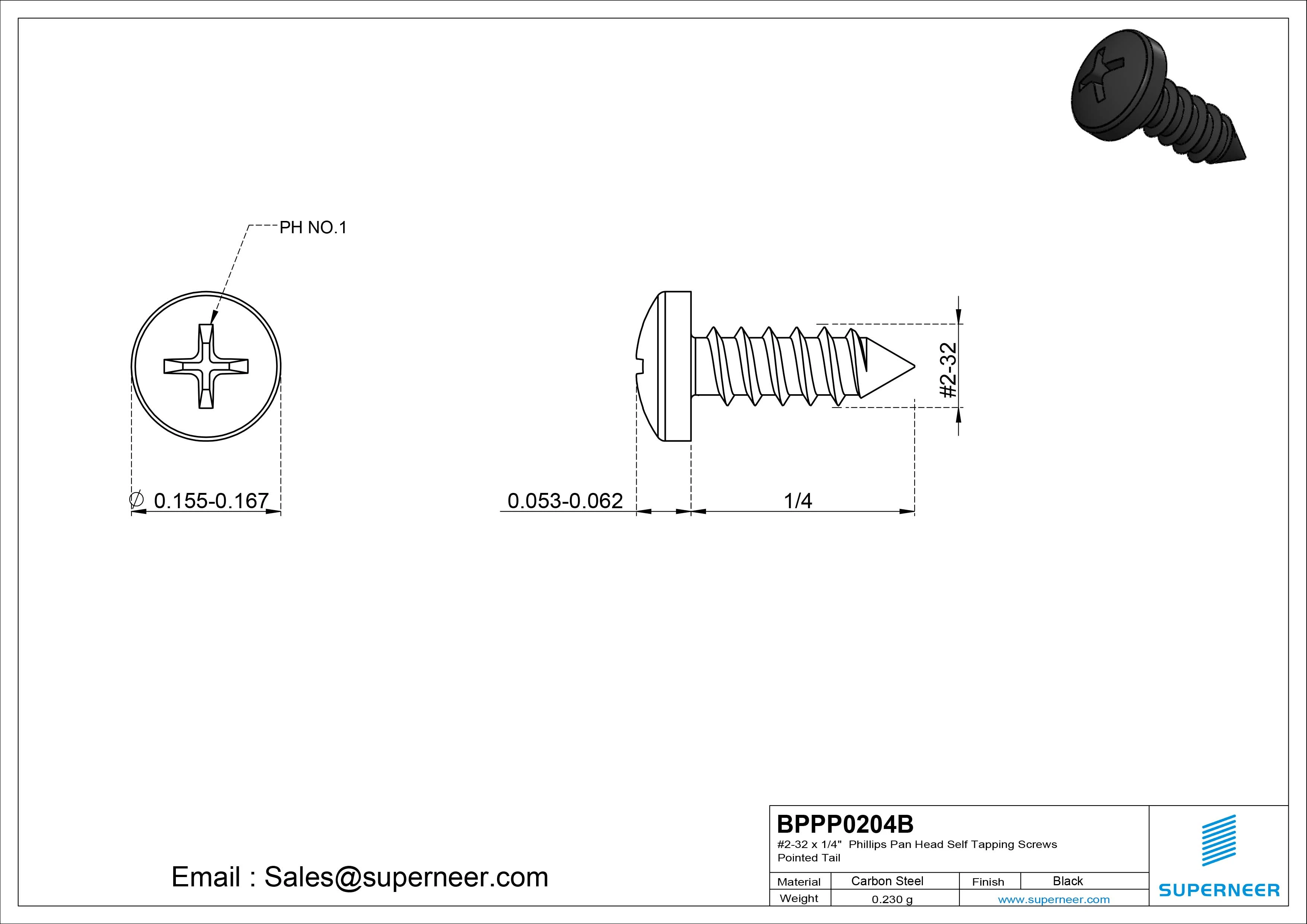 #2-32 x 1/4" Phillips Pan Head Self Tapping Screws Pointed Tail Steel Black Zinc Plated