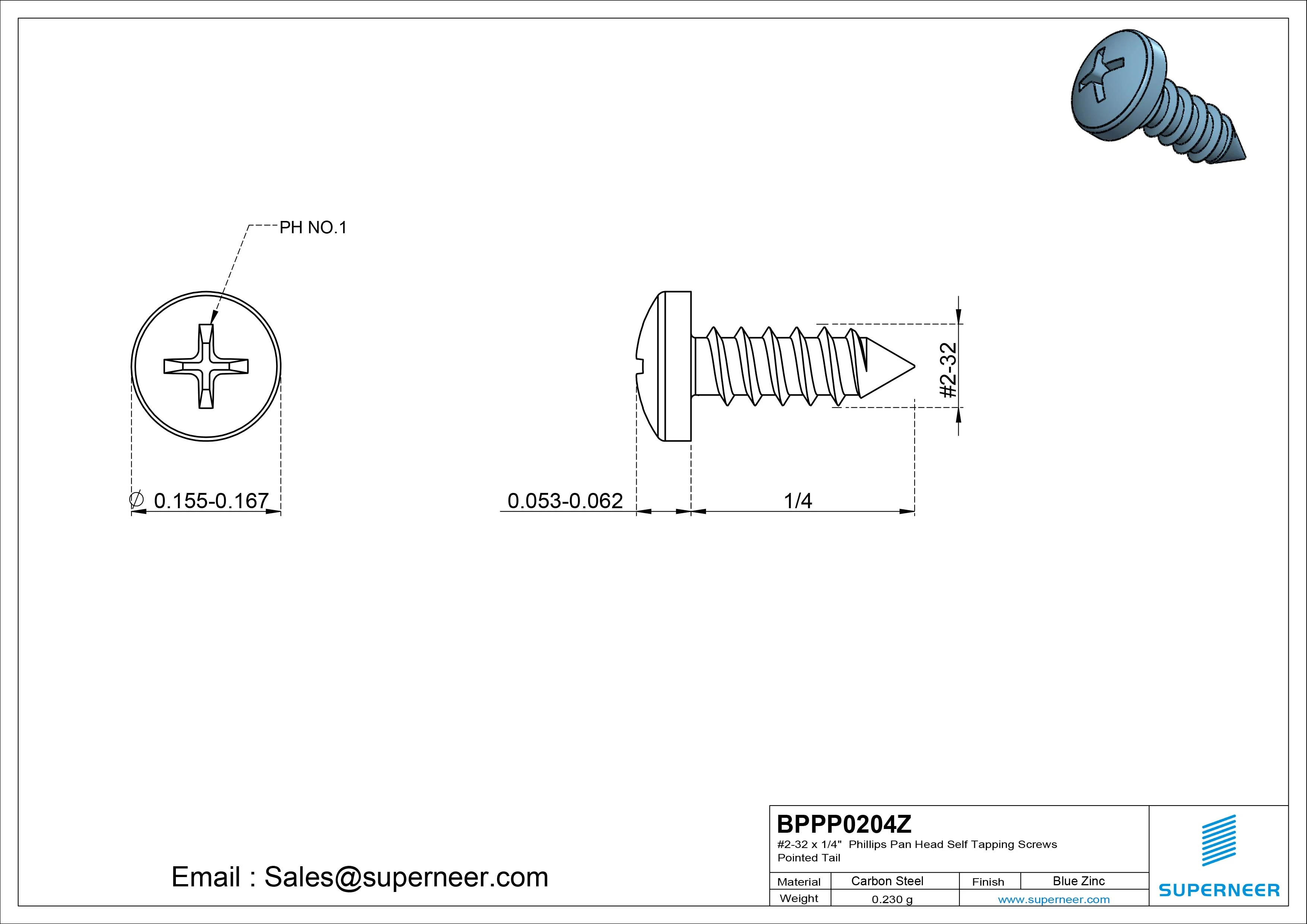 #2-32 x 1/4" Phillips Pan Head Self Tapping Screws Pointed Tail Steel Blue Zinc Plated