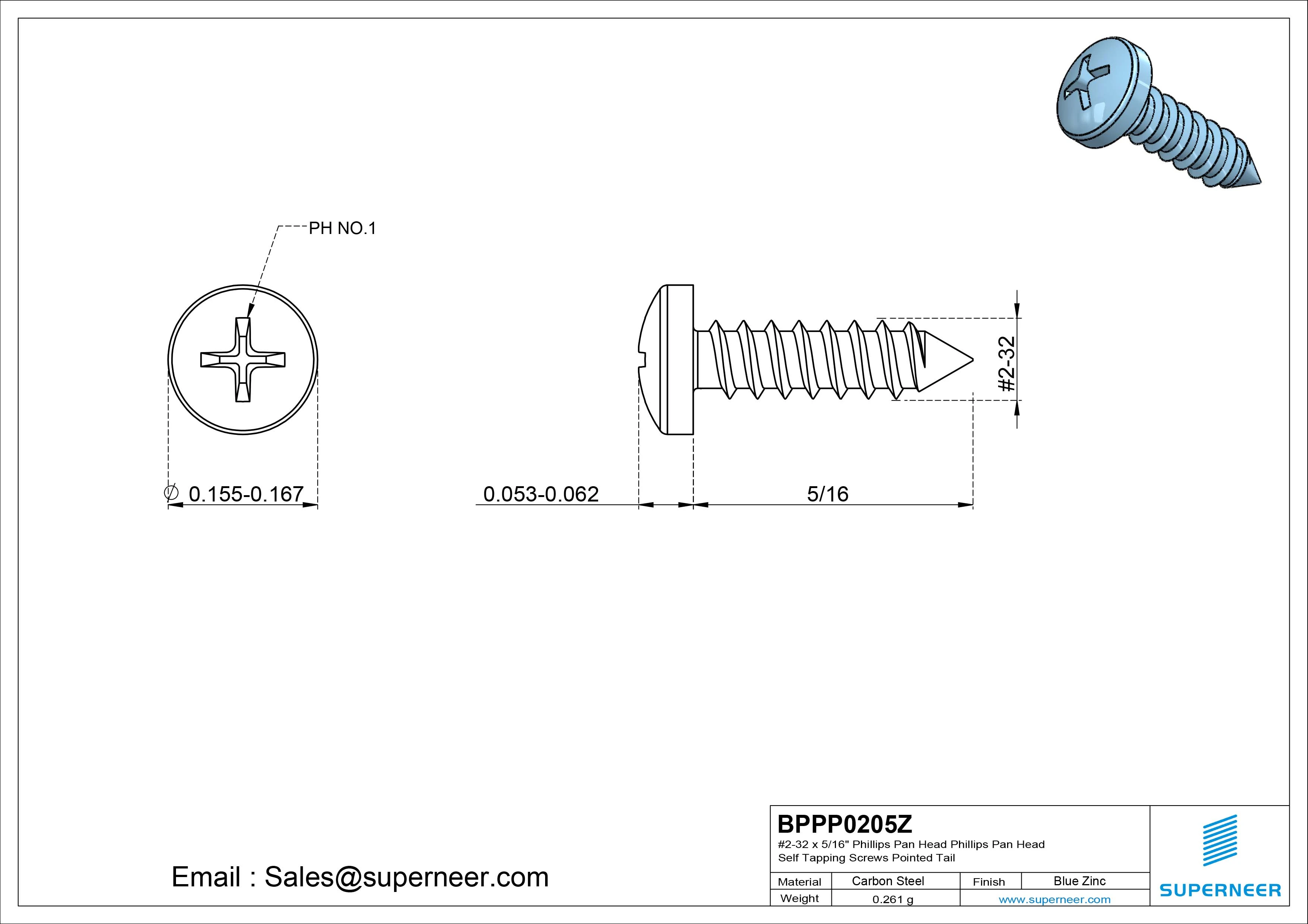 #2-32 x 5/16" Phillips Pan Head Self Tapping Screws Pointed Tail Steel Blue Zinc Plated