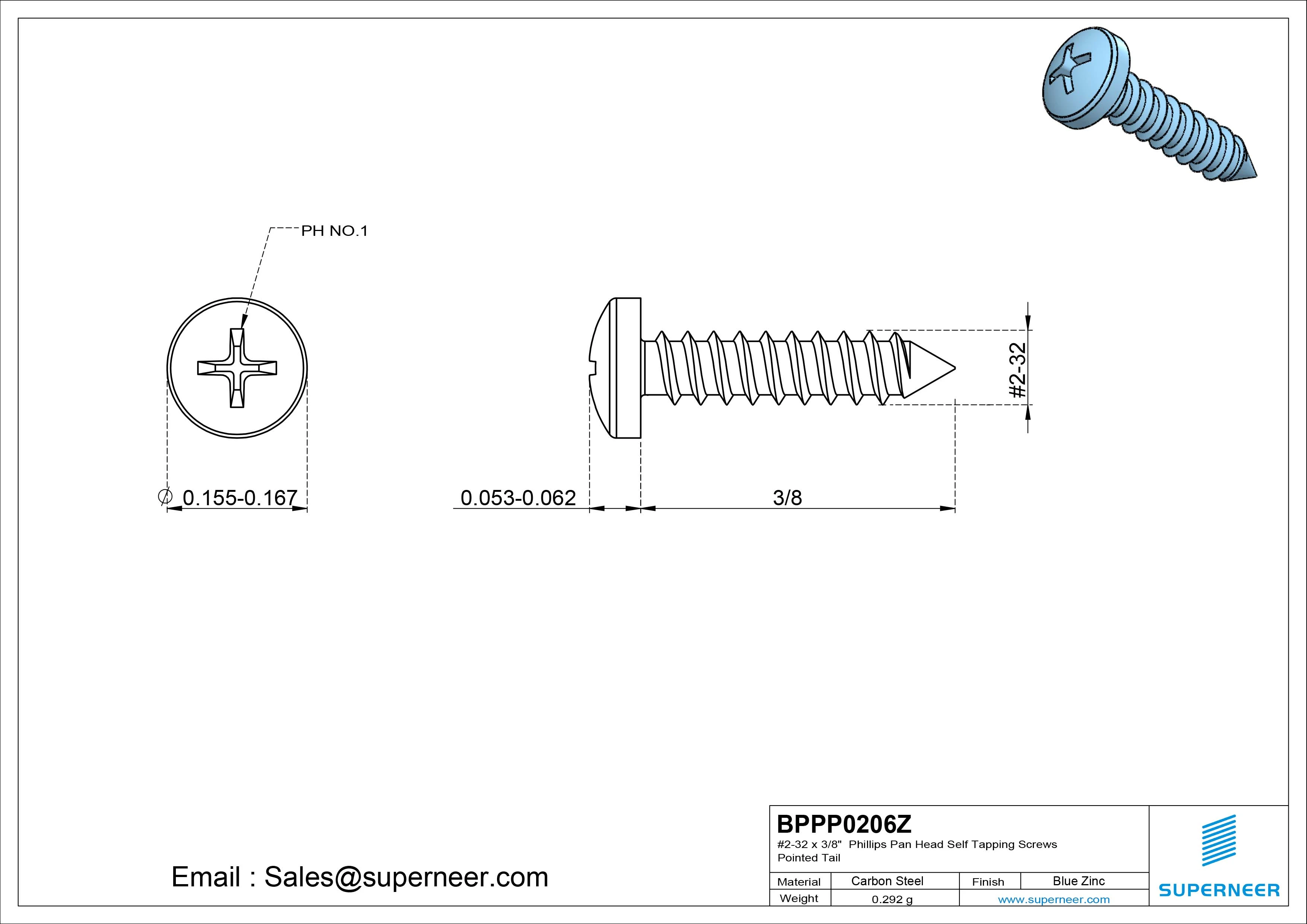 #2-32 x 3/8" Phillips Pan Head Self Tapping Screws Pointed Tail Steel Blue Zinc Plated
