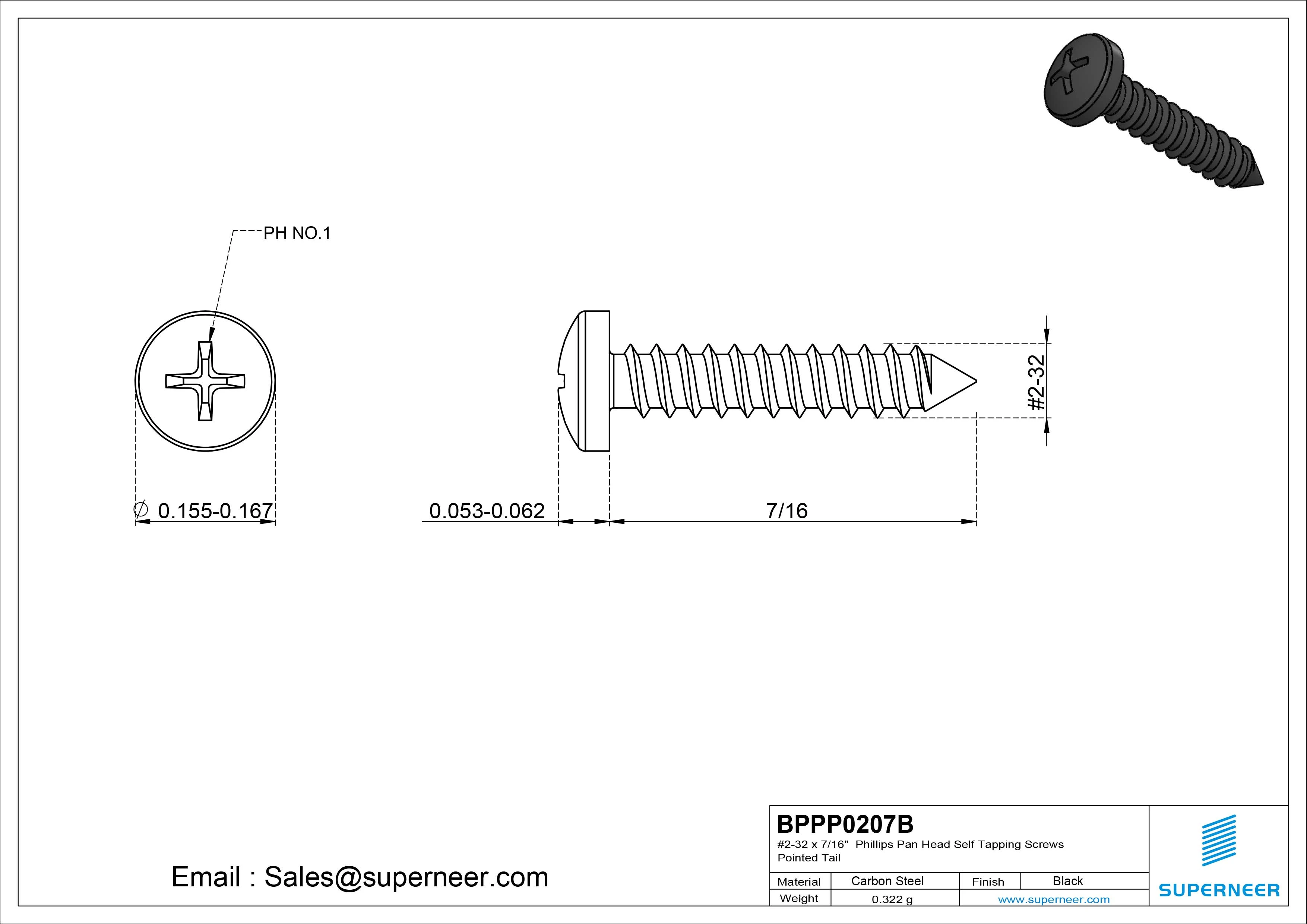 #2-32 x 7/16" Phillips Pan Head Self Tapping Screws Pointed Tail Steel Black Zinc Plated