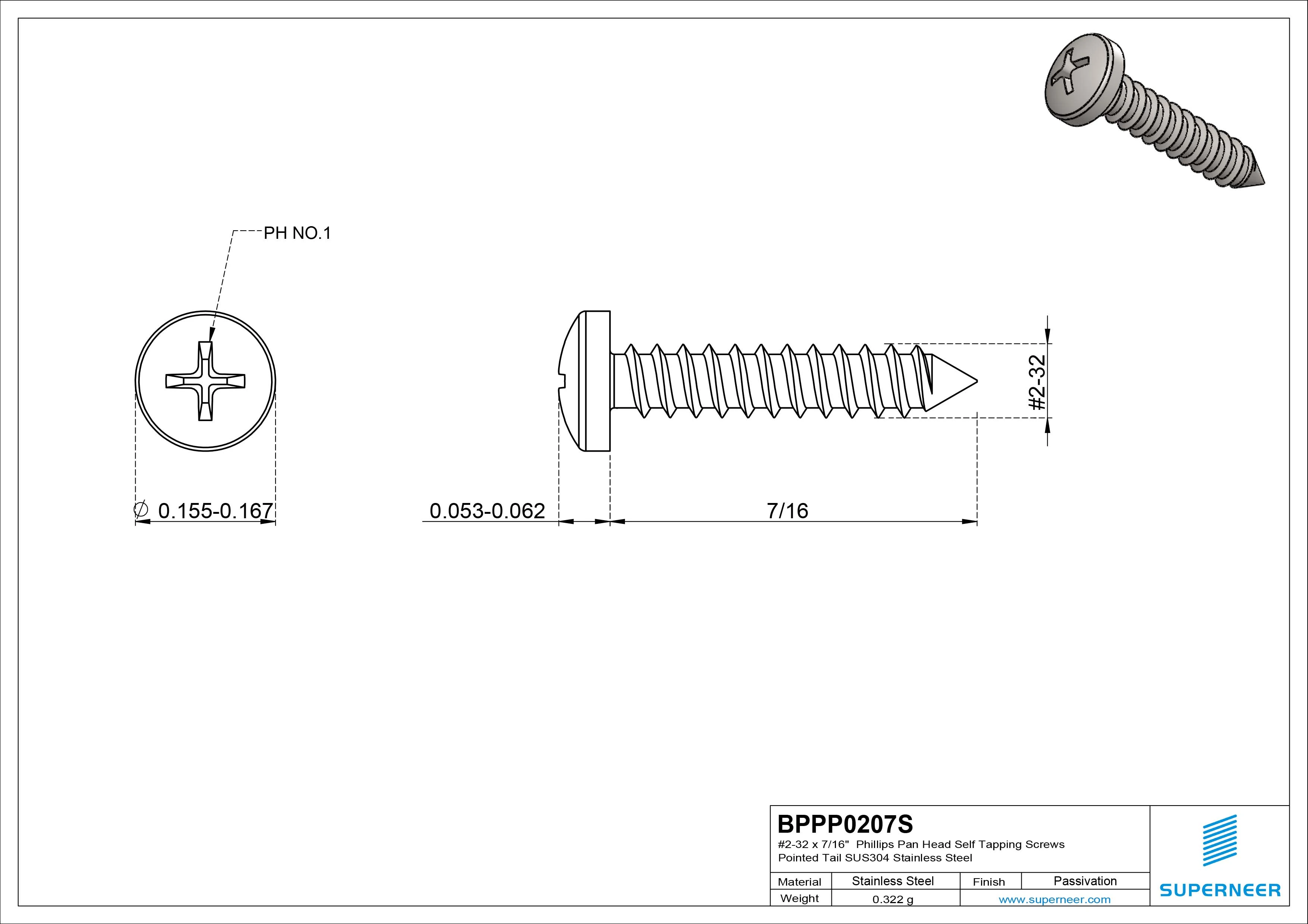 #2-32 x 7/16" Phillips Pan Head Self Tapping Screws Pointed Tail SUS304 Stainless Steel