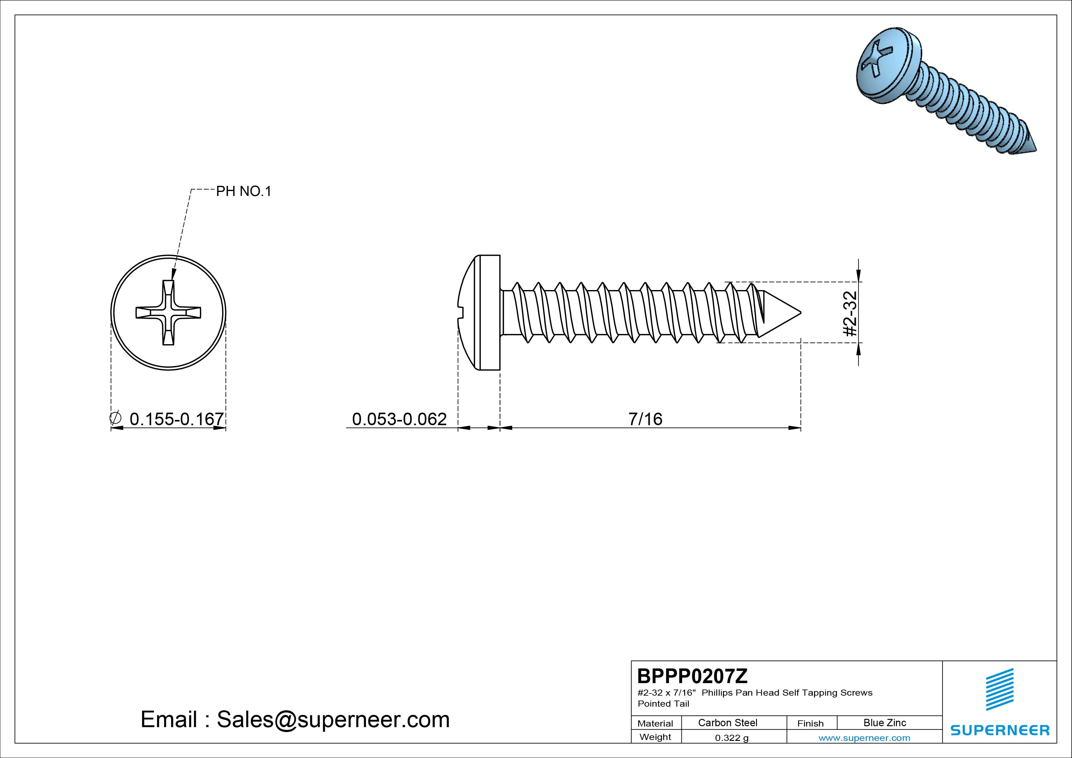 #2-32 x 7/16" Phillips Pan Head Self Tapping Screws Pointed Tail Steel Blue Zinc Plated