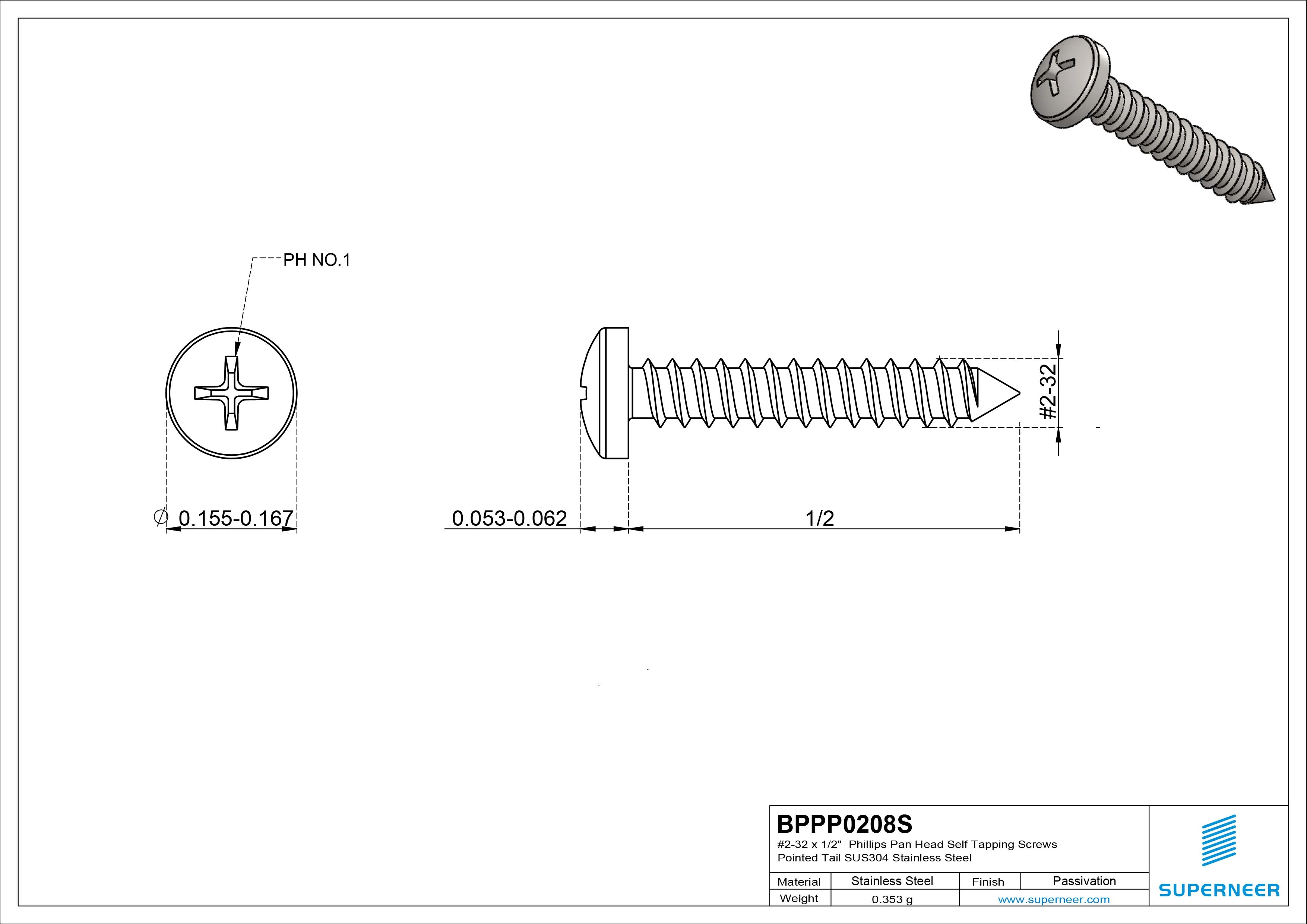 #2-32 x 1/2" Phillips Pan Head Self Tapping Screws Pointed Tail SUS304 Stainless Steel