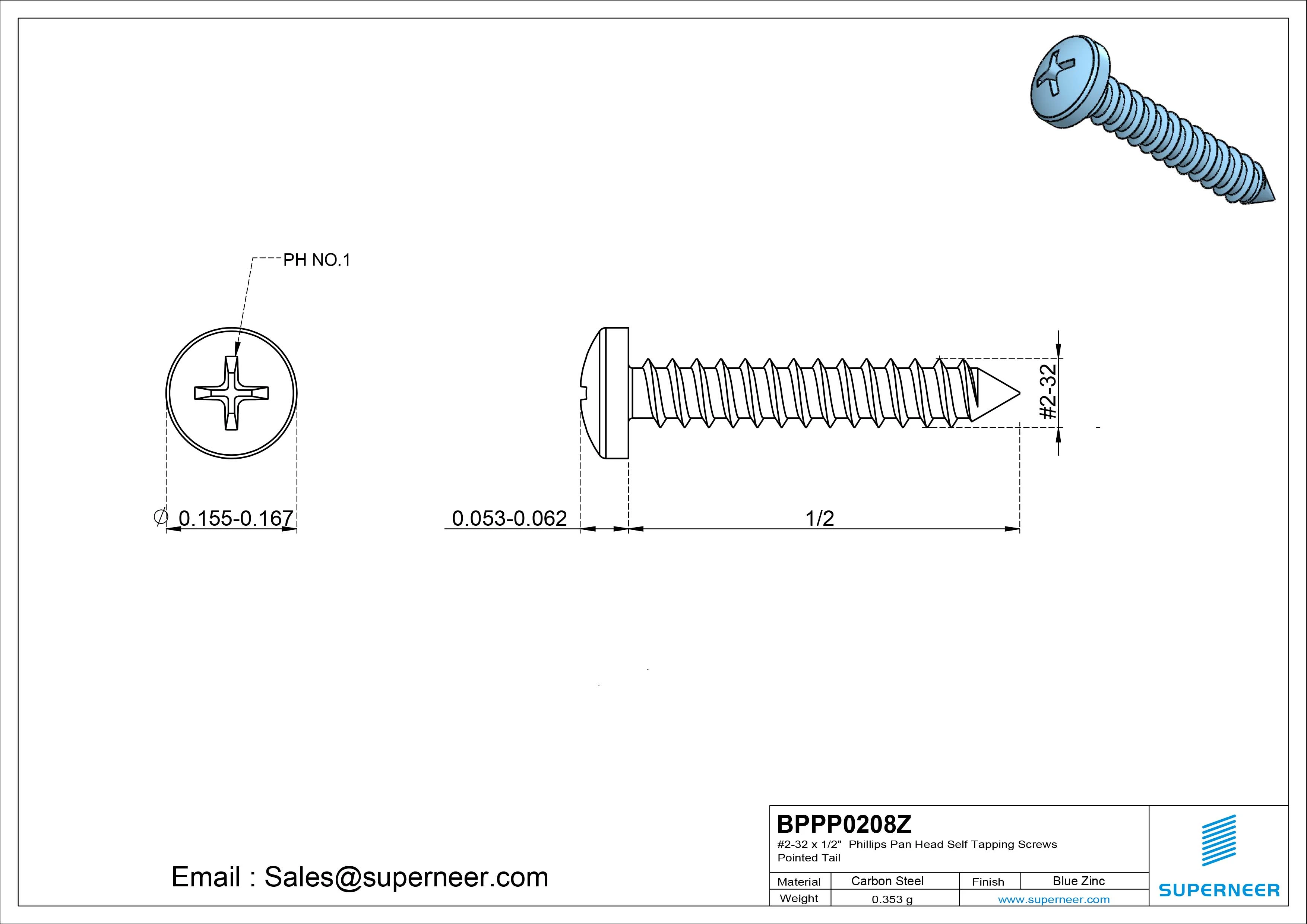 #2-32 x 1/2" Phillips Pan Head Self Tapping Screws Pointed Tail Steel Blue Zinc Plated