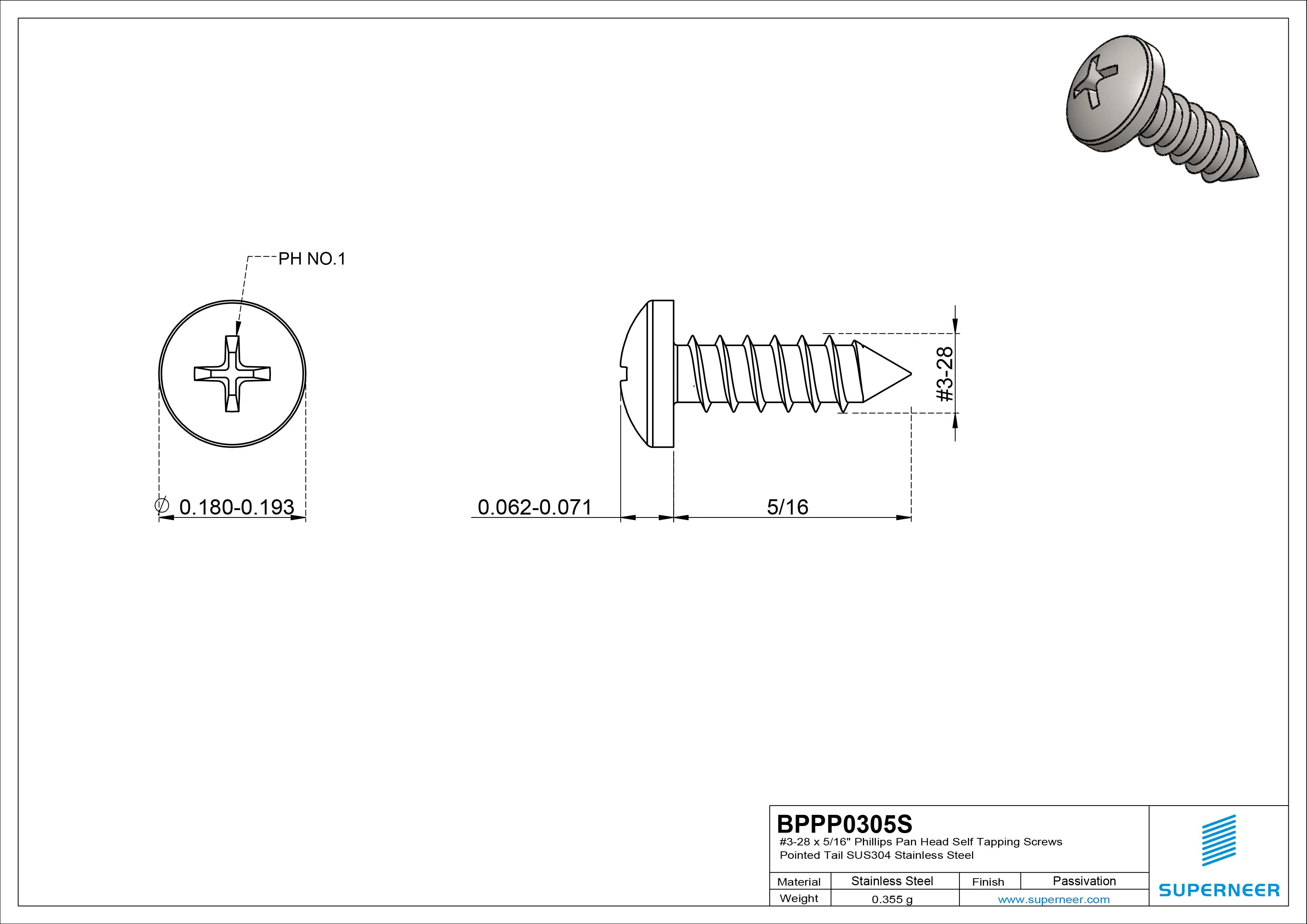 #3-28 x 5/16" Phillips Pan Head Self Tapping Screws Pointed Tail SUS304 Stainless Steel